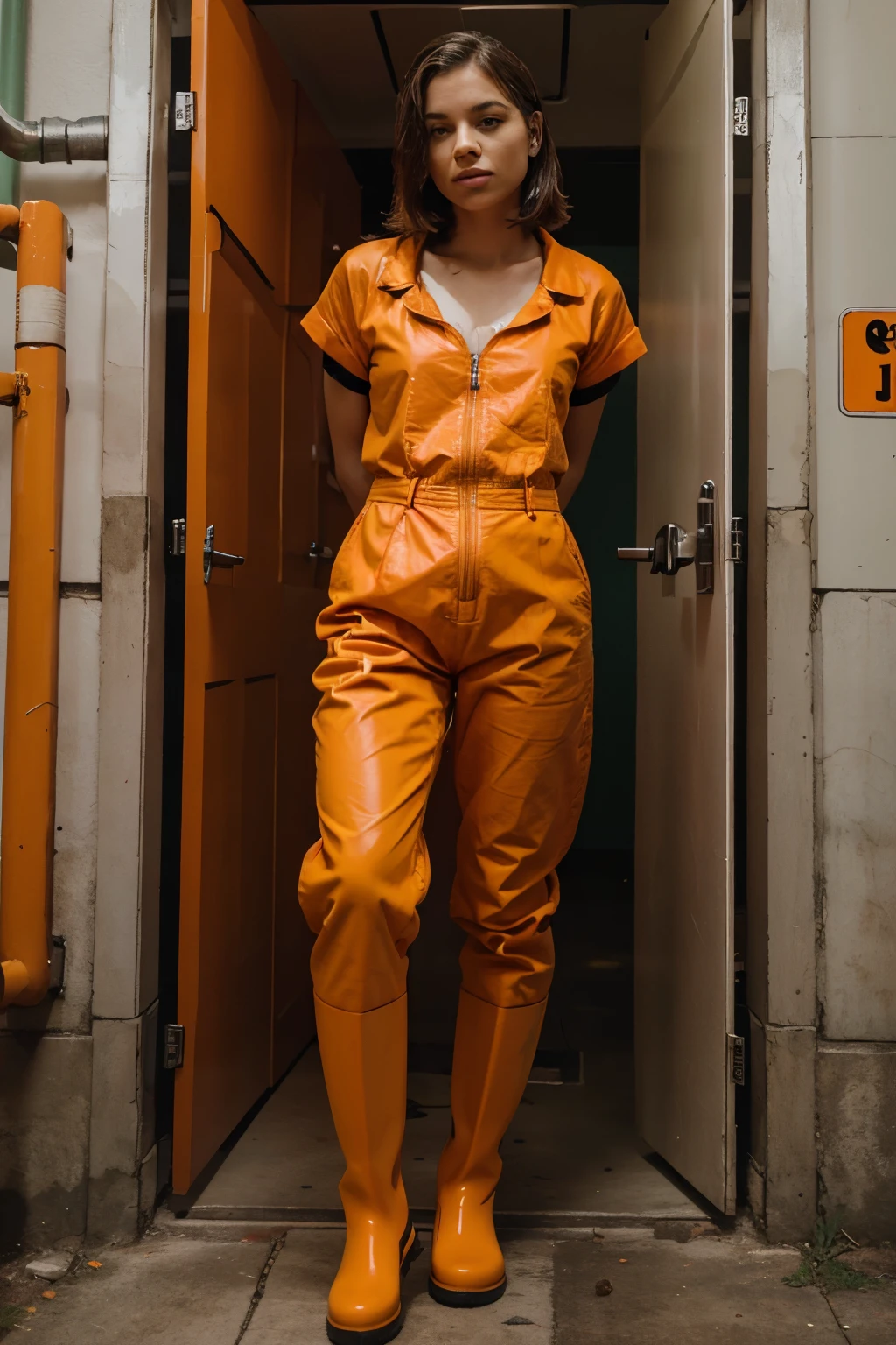a girl bound in jail, wearing an orange prison jumpsuit and green Hunter rubber boots