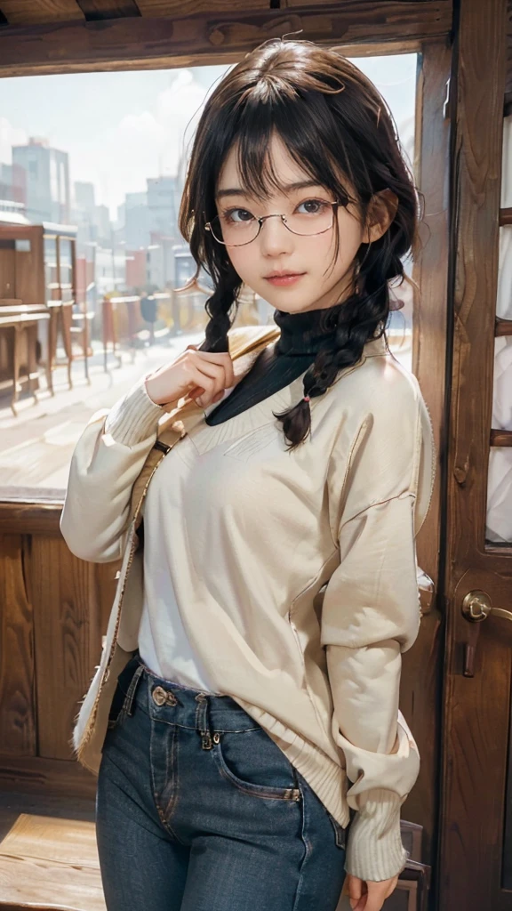 masterpiece, highest quality, one woman, Japanese people in their 20s, (black hair, very short hair, two braids, curly hair), (symmetrical beauty, small face, sharp outline, thick eyebrows, dark eyebrows, realistic eyes, double eyelid, droopy eyes, small nose, thick lips), (smile, shy smile, open your mouth and laugh), (glasses, 縁が薄いglasses, 小さいglasses, レンズが小さいglasses, square lens), (wheat-colored skin, realistic skin texture, I cup breasts, Slightly plump body type), (jacket:long beige coat, inside:long black turtleneck sweater, pants:dark blue long jeans, brown boots), (Are standing, Show the whole body, Even the shoes are shown), The background is an office district, (face directly toward the camera, looking directly at the viewer, looking at the camera, The whole body is facing towards the viewer., whole body facing towards the camera, face looks straight into the camera).