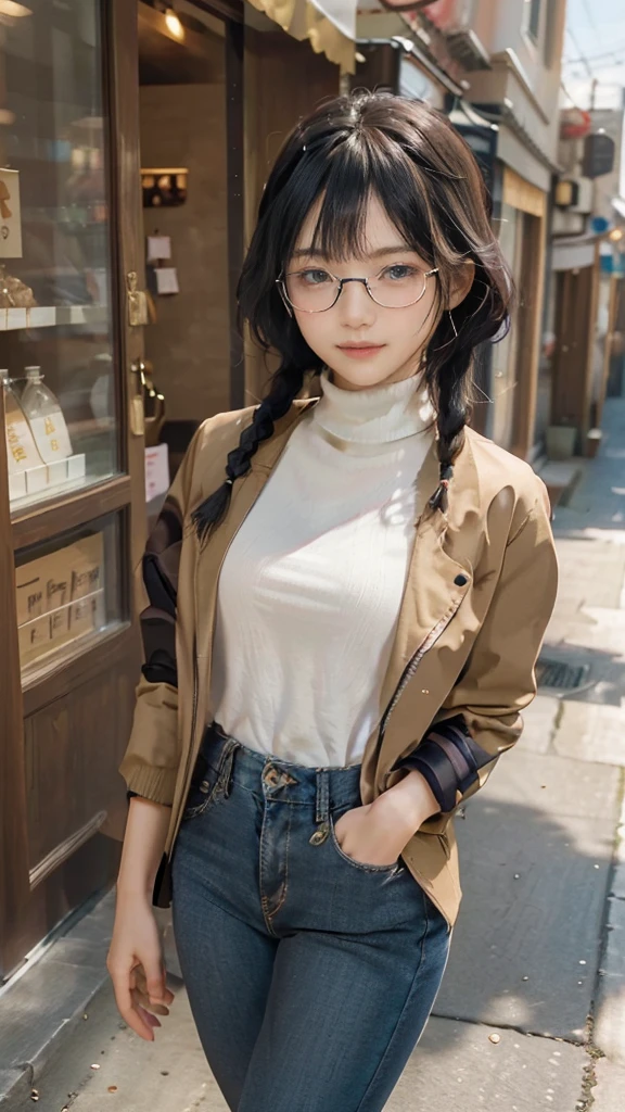 masterpiece, highest quality, one woman, Japanese people in their 20s, (black hair, very short hair, two braids, curly hair), (symmetrical beauty, small face, sharp outline, thick eyebrows, dark eyebrows, realistic eyes, double eyelid, droopy eyes, small nose, thick lips), (smile, shy smile, open your mouth and laugh), (glasses, 縁が薄いglasses, 小さいglasses, レンズが小さいglasses, square lens), (wheat-colored skin, realistic skin texture, I cup breasts, Slightly plump body type), (jacket:long beige coat, inside:long black turtleneck sweater, pants:dark blue long jeans, brown boots), (Are standing, Show the whole body, Even the shoes are shown), The background is an office district, (face directly toward the camera, looking directly at the viewer, looking at the camera, The whole body is facing towards the viewer., whole body facing towards the camera, face looks straight into the camera).