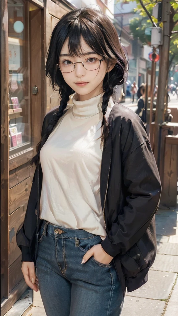 masterpiece, highest quality, one woman, Japanese people in their 20s, (black hair, very short hair, two braids, curly hair), (symmetrical beauty, small face, sharp outline, thick eyebrows, dark eyebrows, realistic eyes, double eyelid, droopy eyes, small nose, thick lips), (smile, shy smile, open your mouth and laugh), (glasses, 縁が薄いglasses, 小さいglasses, レンズが小さいglasses, square lens), (wheat-colored skin, realistic skin texture, I cup breasts, Slightly plump body type), (jacket:long beige coat, inside:long black turtleneck sweater, pants:dark blue long jeans, brown boots), (Are standing, Show the whole body, Even the shoes are shown), The background is an office district, (face directly toward the camera, looking directly at the viewer, looking at the camera, The whole body is facing towards the viewer., whole body facing towards the camera, face looks straight into the camera).