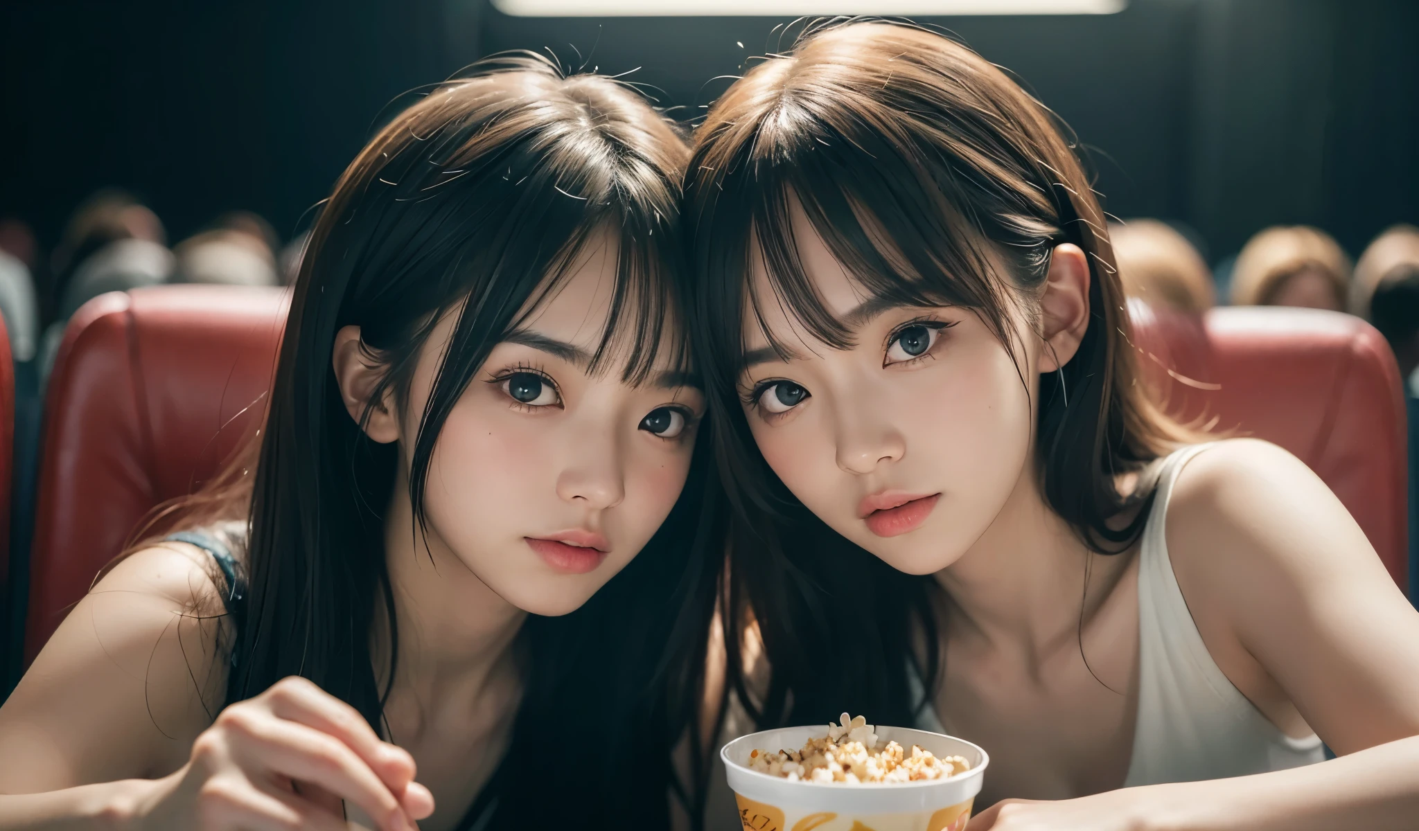 (threesome:1.2), picture of a asian cute girl eating pop corn in a movie theater cute & girly \(idolmaster\), facial, (8k, RAW photo, best quality, masterpiece:1.2), ultra detailed, ultra high res, (realistic, photo realistic:1.2), high detail RAW color photo, professional photograph, depth of field, an extremely delicate and beautiful, extremely detailed, 8k wallpaper, moist skin, art by Bill Brandt, photograph, Portait of a Otter, soft focus, Surprising, studio lighting, film grain, film camera, Circular polarizer, Colorless, beautiful