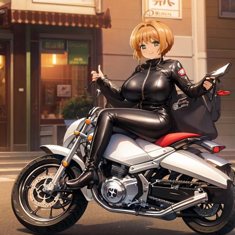 masterpiece, best quality, ultra high res, ultra-detailed, in downtown alley, night, sakura kinomoto, (gigantic tits: 1.6), (dense pubic hair: 1.4), (wearing a black leather biker zippered bodysuit without underwear and a pair of black biker boots: 1.4), lewd face, slutty, (she sit in a very vulgar way with her legs spread wide on a white sport motorbike and ahegao with her tongue out while squirting a huge load of piss: 1.7), sweating