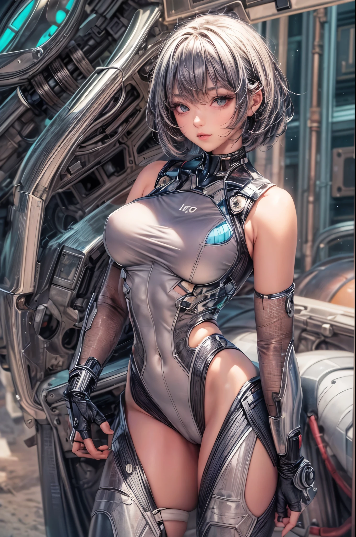delicate face, 20-year-old kpop idol cyborg girl, dark(carbon fiber high leg cut leotard), Chest opening, {{angled bob}}, (big breasts:1.25), (mechanical joint), bangs, attractive curves, mid pelvis, seaside, standing posture, beach, glowing skin, ((puffyareolas)), (standing), dynamic pose, spread legs, (camel toe, cameltoe, vulvashaped:1.275), cyberpunk, sci-fi, (upper body:1.275), (8k, RAW photo, best quality, masterpiece: 1.47), (nsfw:1.275)