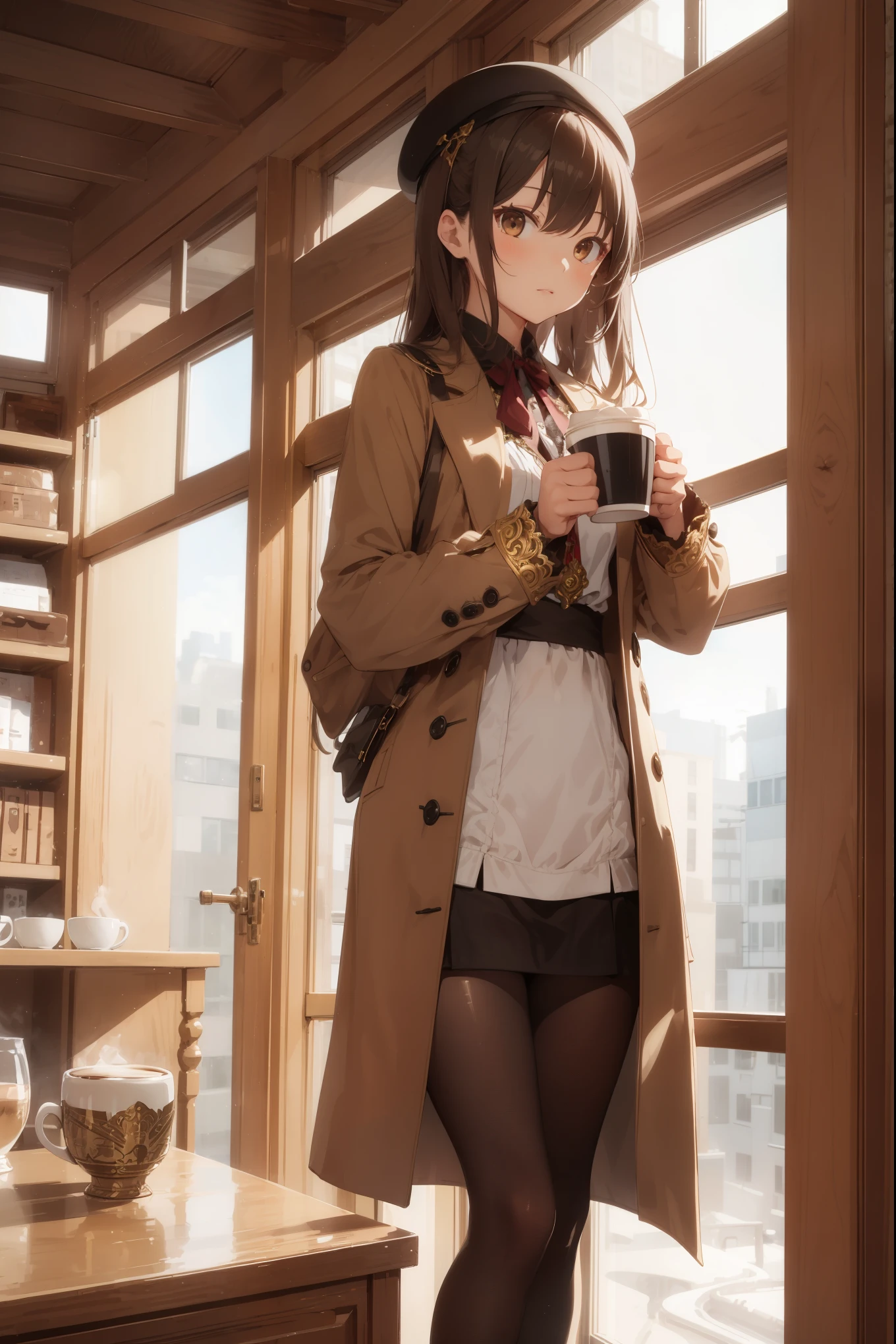 girl, white blouse, miniskirt, black pantyhose, brown overcoat, berets, standing, holding a cup of coffee, ornate clothes, intricate clothes, extra long hair, familiar face, brown and gold tones, in a high-end room, window, tall buildings, day