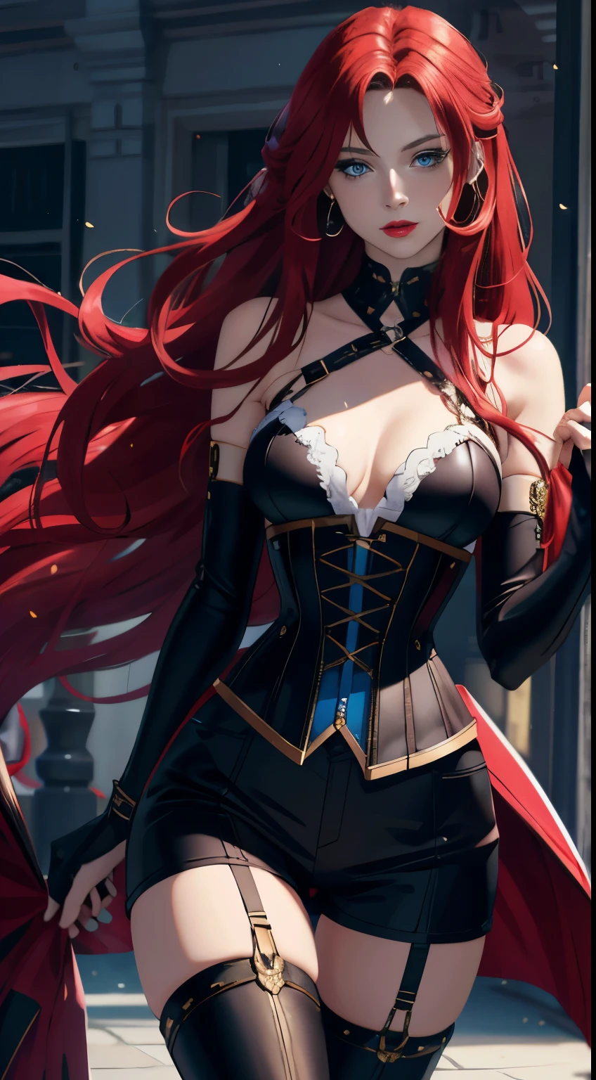 8k, best quality, masterpiece, highly detailed, semi realistic, a girl, young female, simple background, 20 years old, absurdly long red hair, hair between eyes, banks, blue eyes, medium breast, red lips, gorgeous clothes, corset, slim figure, cool expression, skinny pants, thigh high boots, singing,