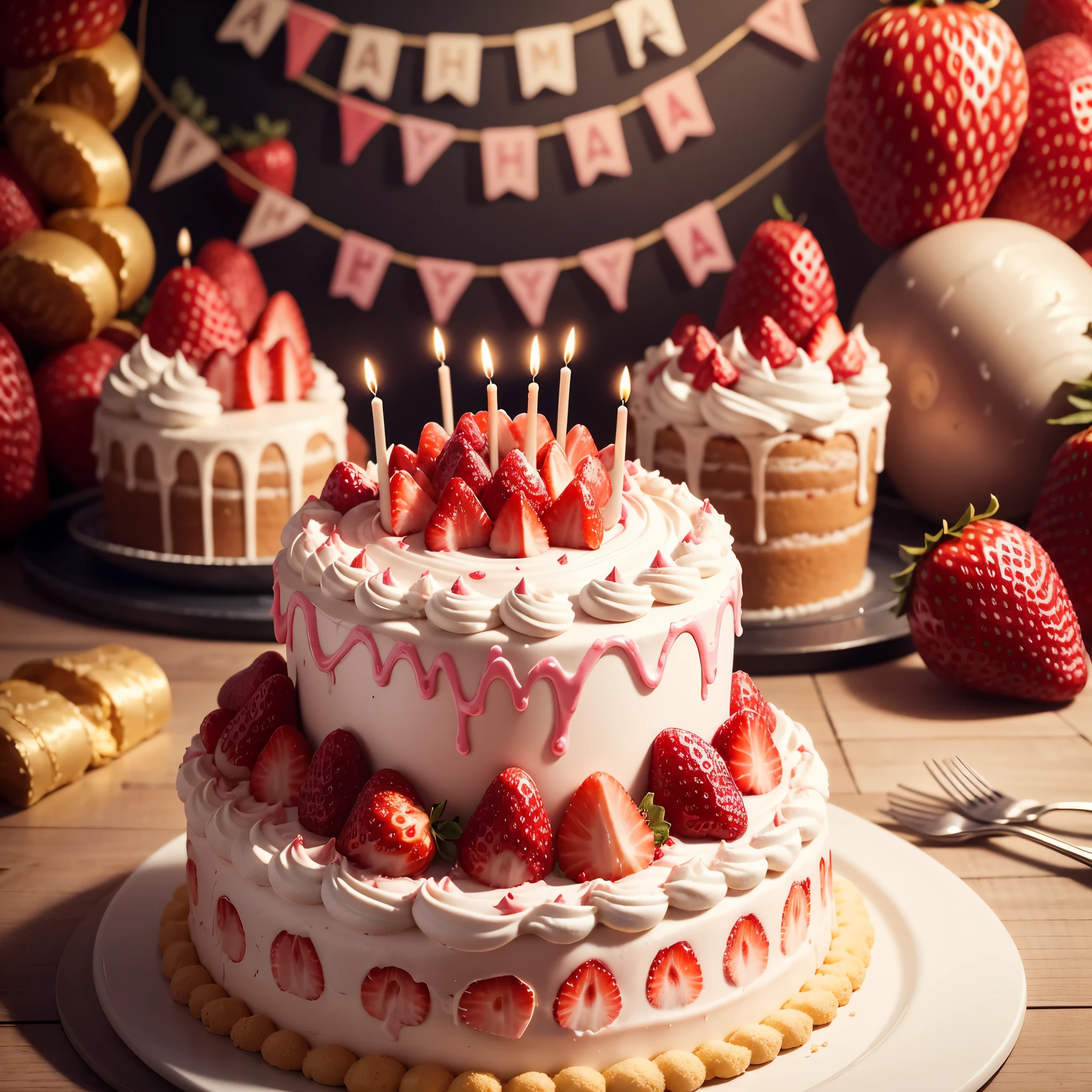 A modern birthday strawberry cake,(The background says "MAMA happy birthday"),Featuring a delicious giant strawberry cake,Background is birthday candles, A sign that says "MAMA happy birthday",