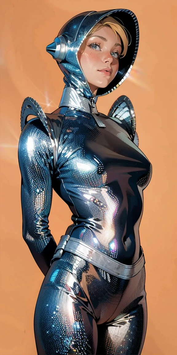 Absurd resolution, high resolution, (obra de arte:1.4), ultra-detalhado, 1 garota, in spacesuit, Visto de cima, space, flutuando, satellite, pose de corrida, wide-angle lens distortion
