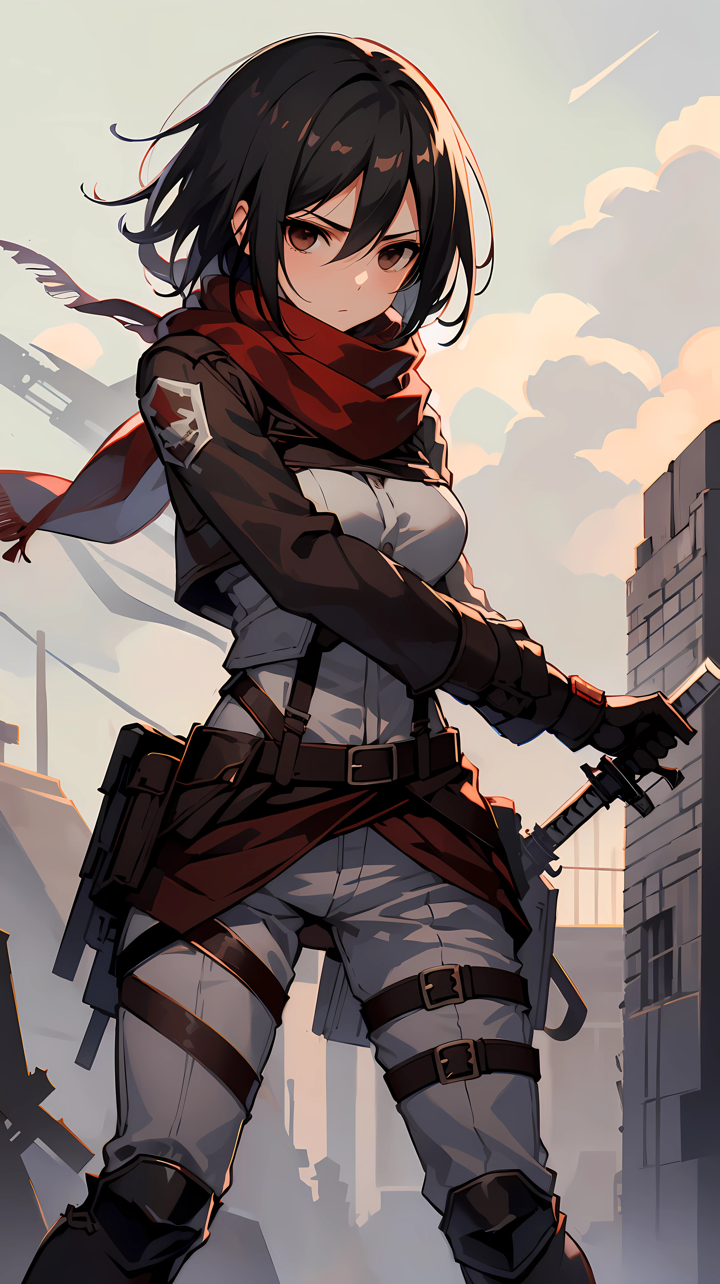 Masterpiece, Best quality, High accuracy, Hamkasa, short hair, Black eyes, scarf, emblem, waistband, waistband الفخذ, red scarf, White pants, Brown jacket, Long sleeves, He carries a weapon, Sword, dual wielding, Three-dimensional maneuvering equipment, Fighting position, sky,