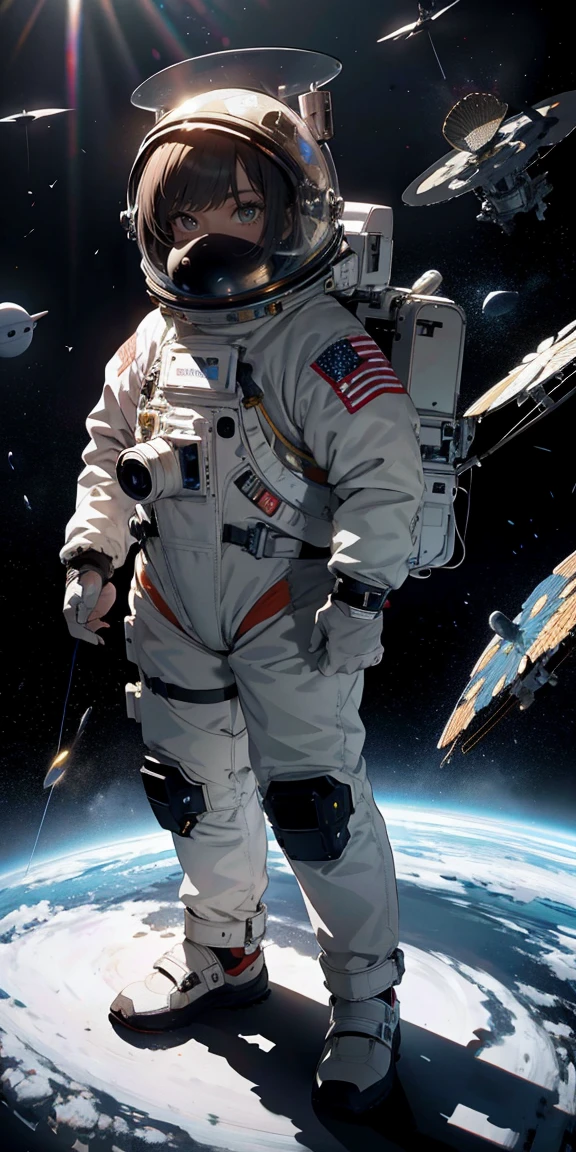 Absurd resolution, high resolution, (obra de arte:1.4), ultra-detalhado, 1 garota, in spacesuit, Visto de cima, space, flutuando, satellite, pose de corrida, wide-angle lens distortion