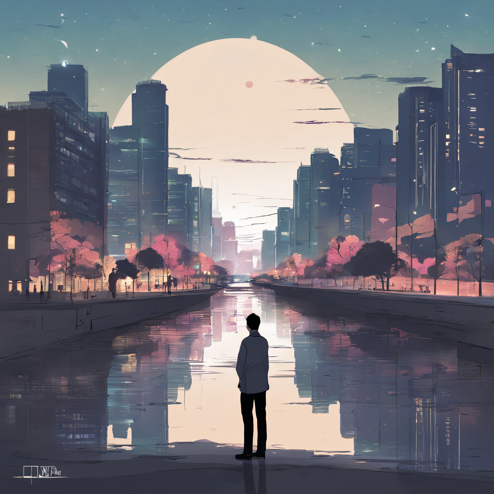 Yes. kaya, let's change the design idea, to make it look more modern in Korea.
Album Cover Design Ideas (Modern Korean atmosphere):
1. **Background with**:
-peculiarity: Light reflection of flowing water in night view of Han River, You can see the Korean city skyline and the lights of skyscrapers..
2. **Central figure**:
-peculiarity: A man in modern clothes stands facing away. There are tears and longing in his eyes.
3. **detail**:
-peculiarity: The silhouette of a woman blurs behind him.. She's on the other side of the street, Looking in a different direction.
-details: The distance between them is a fallen smartphone and a motionless hourglass.. Smartphones represent the connection of modern people,, The hourglass symbolizes the passing of time.
4. **colors**:
-peculiarity: The overall color of the album is a bit dark., but, The lights of the Han River and the building's windows create a feeling of warmth.. The contrast between light and shadow in a night scene presents a complex balance of emotions..
Generalization:
This album's cover features a modern Korean city and the Han River in the background..., The end of love and longing, He tries to convey the emotions of anticipation with the help of modern elements..