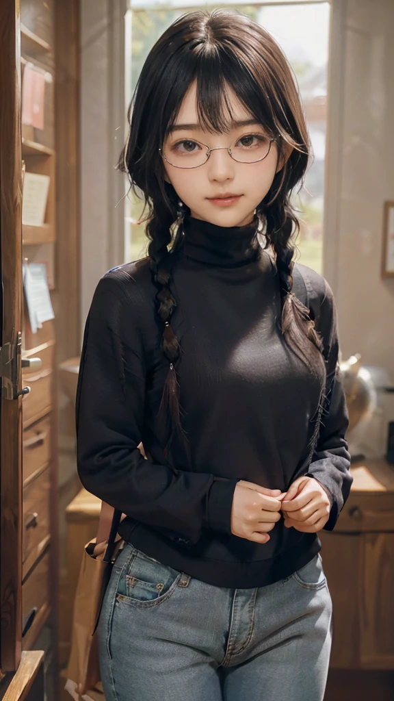 masterpiece,highest quality,one woman,Japanese people in their 20s,(black hair,very short hair,two braids,curly hair),(symmetrical beauty,small face,sharp outline,thick eyebrows,dark eyebrows,realistic eyes,double eyelid,droopy eyes,small nose,thick lips),(smile,shy smile,open your mouth and laugh), (glasses,縁が薄いglasses,小さいglasses,レンズが小さいglasses,square lens),(wheat-colored skin,realistic skin texture,I cup breasts,Slightly plump body type),(jacket:long beige coat,inside:long black turtleneck sweater,pants:dark blue long jeans,brown shoes),(Are standing,Show the whole body),The background is an office district,(face directly toward the camera,looking directly at the viewer,looking at the camera,The whole body is facing towards the viewer.,whole body facing towards the camera,face looks straight into the camera).