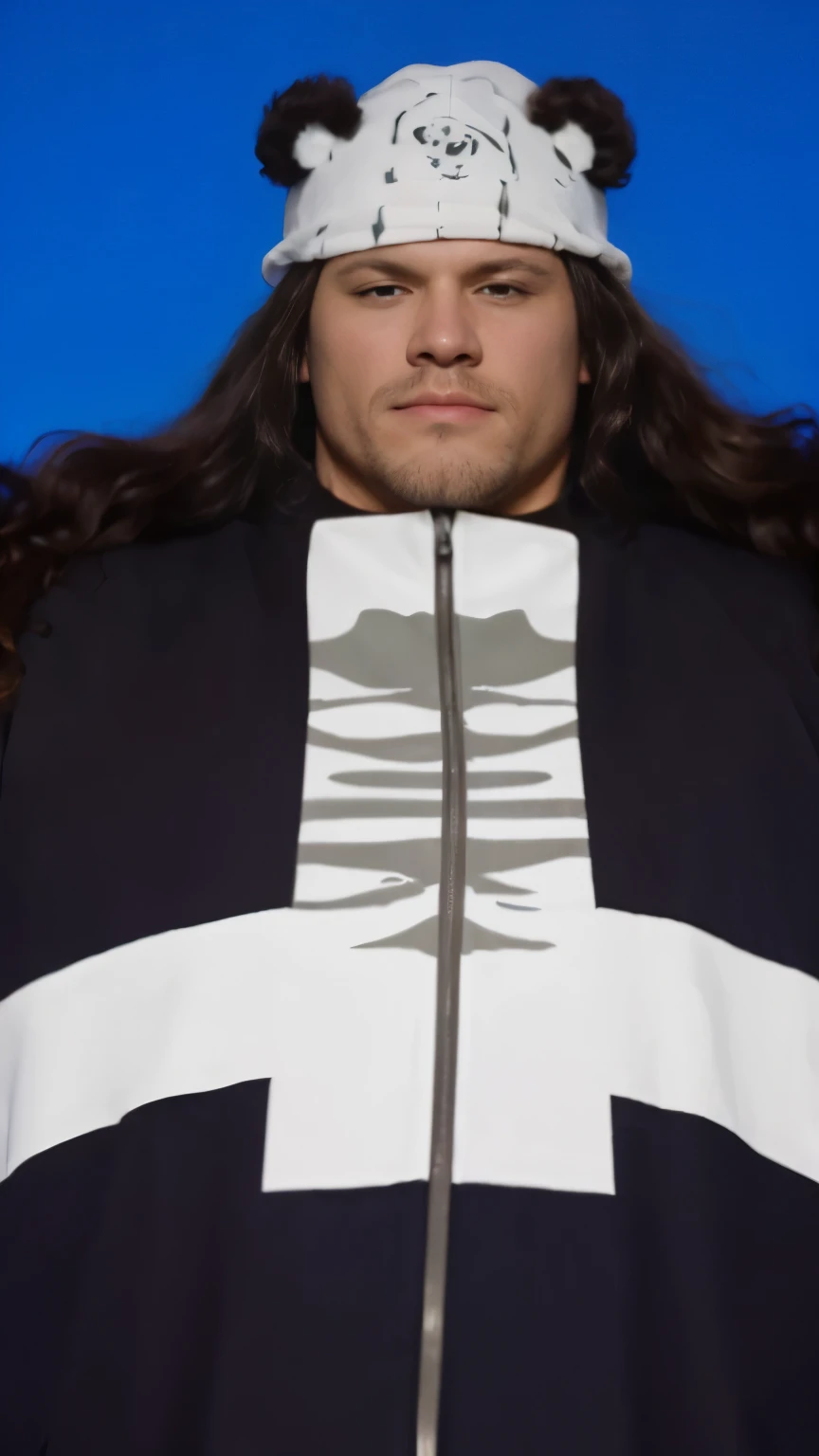 (masterpiece), (realistic), (ultra detailed), (high rest quality)), (((perfect anatomy))), (((Ukrainian))), ((man))), (((male))), (((muscular))), (((solo))), kuma from one piece, kuma, (((long curly hair))), wearing a head covering with panda ears, behind the character there is a green blue