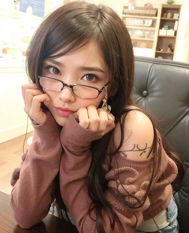 arafed woman com óculos sitting on a couch with her hand on her face, com óculos, com óculos on, ela usa óculos de Harry Potter, girl com óculos, of taiwanese girl com tatuagens, !!usando óculos!!, !!usando óculos modernos!!, usar óculos, com tatuagens, usando óculos, usando óculos, com óculos quadrados, usando óculos redondos