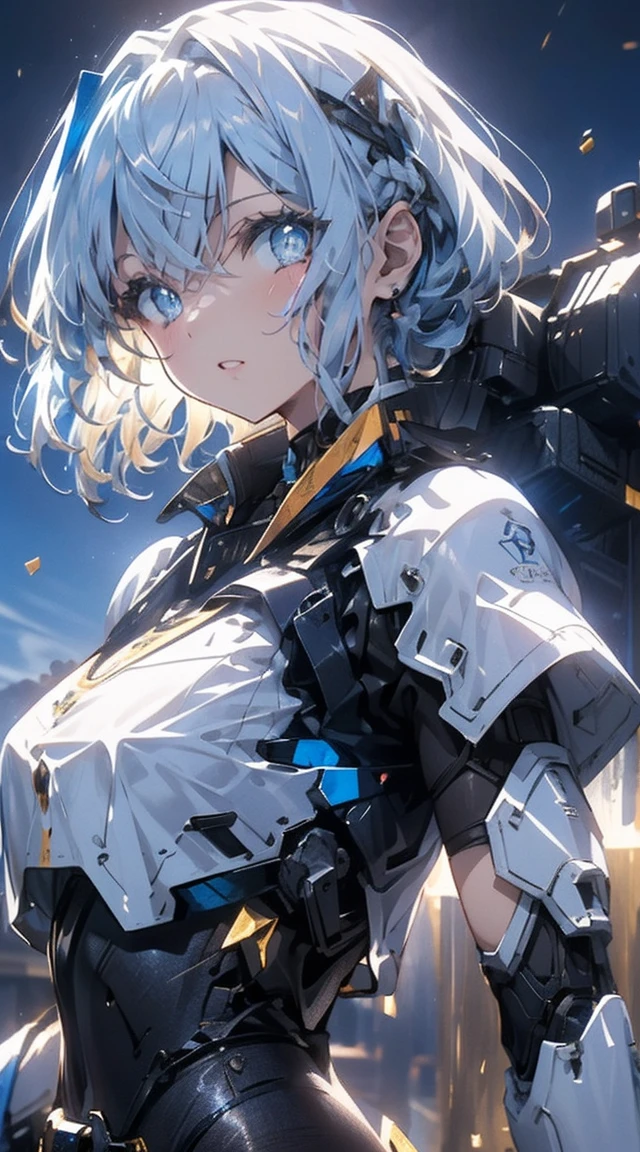 (obra de arte, melhor qualidade, excellent, Unidade ajetar altamente detalhada、papel de parede 8k, Profundidade de campo, super fine illustration:1.5), 3D, extremamente detalhado, (Uma  mech:1.3), science fiction battlefield, looking back, Hawken, sorriso, boca aberta, Cabelo longo, (cabelo azul, Olhos azuis profundos:1.2), olhos brilhantes, rosto fofo, kawaii, seios grandes, Cabelo delicado, cabelo desgrenhado, cabelo flutuante, cabelo brilhante, pele brilhante, blue sky, nuvens brancas, White mechanical wing, harness, ornamento do cabelo branco, (light particles, cinematic lighting: 1.3), (Thin pink lips: 0.8),