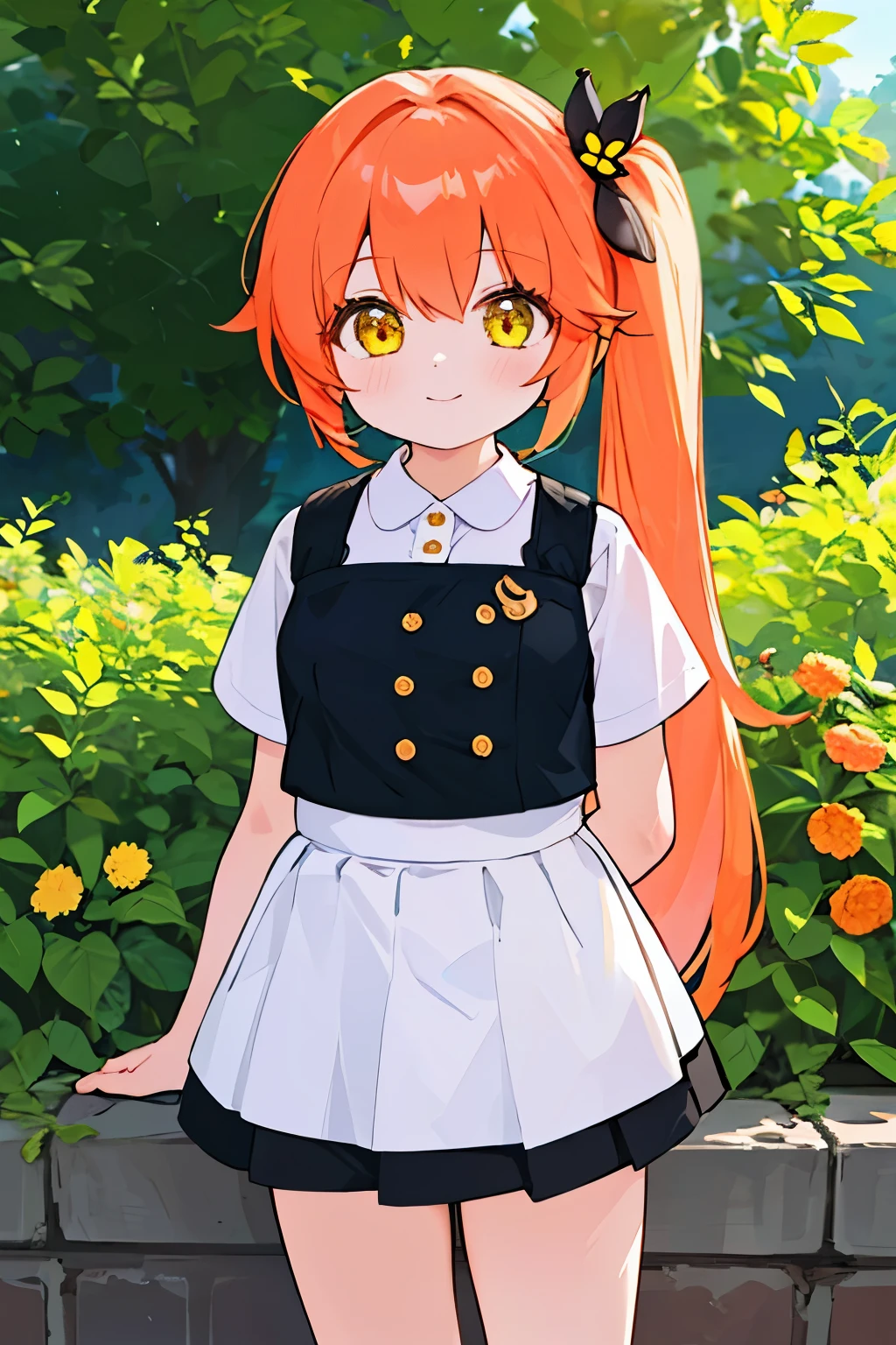 (high quality, High resolution:1.3), 4K, masterpiece, detailed background, garden, outdoor, 
break
 1 girl, alone, (:1.2), white shirt, skirt, black skirt, thighs, Upper body, Are standing, long hair, side ponytail, orange hair, hair ornaments, yellow eyes, small breasts, looking at the viewer, light smile, turn your arms behind your back, 