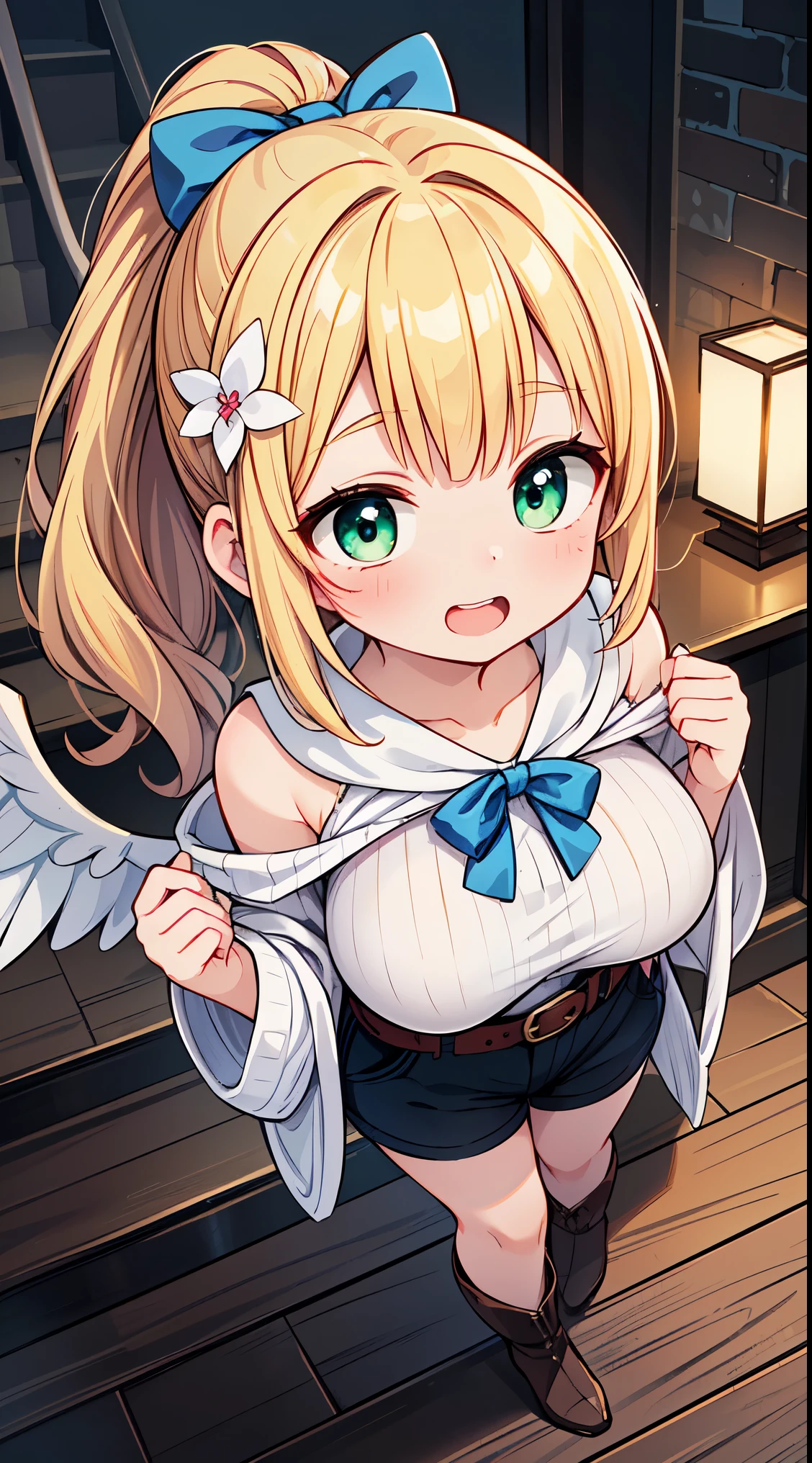 (masterpiece, top quality, best quality, official art, beautiful and aesthetic:1.2),ultra-detailed,intricate details,amazing illustration,award-winning art,atmospheric, 
BREAK, 1 beautiful girl, girl, (cute:1.5),(Little:0.5),(cute:2.0),(change:2.0),(12 year old girl),(big breasts:1.65),(chin hair,blonde,blue bow,green eyes,Eyebrows visible through the hair,side lock,long hair with bangs parted, hair flower, hair ornaments, big ribbon in hair, curly hair, ponytail:1.6),:he, white feathers, one thin white wing, Ang he wings, spread your wings, shining wings),pit \black},glowing skin, beautiful skin, Shining beautiful skin, open your mouth, bashful smile, alone, tooth, upper teeth,(long eyheashes, double eyheids:1.2),alone, glowing skin, beautiful skin, Shining beautiful skin,(highest quality face),(highest quality shining eyes), 
BREAK, (pink and white theme:1.5), (fake pink cat ears:1.4), (tweed pink strapless short camisole with lace-up:1.4), ((bare shoulder, navel, bare belly):1.3), (shoulder strap with ruffles:1.4), (tweed micro pink tiered skirt with ruffles:1.4), (white pantyhose:1.2), (pink choker with bell:1.3), (earrings with bell:1.2), (pink heeled pumps:1.1),BREAK


train,station,(a girl), platform, snow, (coat:1.1),Yamanote line, (school uniform:1.2), 
 BREAK,wakame,wakame,wakame,(Cowboy Shot:1.4),

BREAK,(Blurry background:1.3),(absurderes, hight resolution, Super Detail Art),cel shading,Clear Color, Lonely optical effect, Beautiful pictures, Bright glow, mystic atmosphere,(Close-up of girl:1.1), Mystical light particle effect,manga influence, clean line drawings,