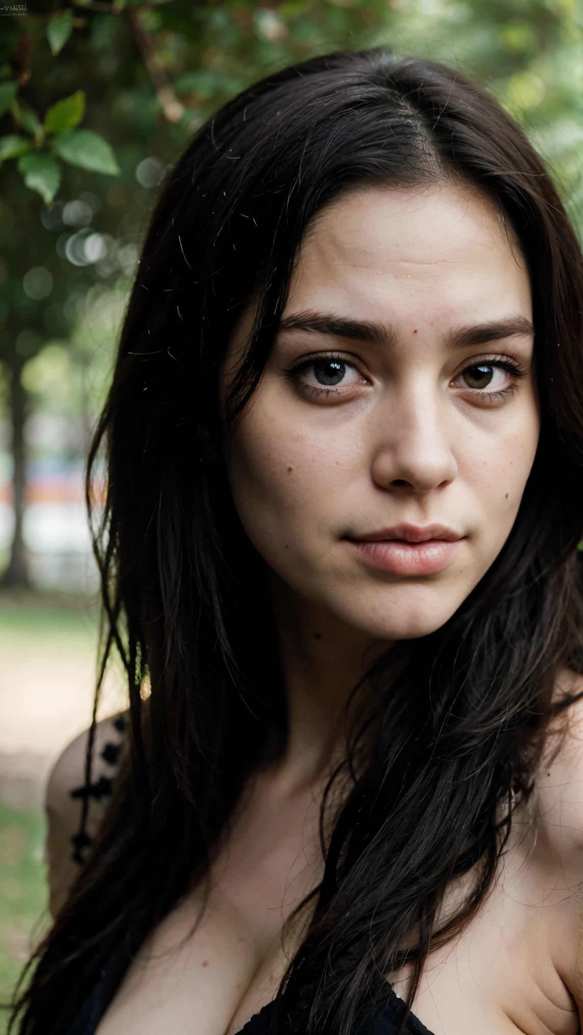 ((beste Qualität)), ((Meisterwerk)), (detailliert), perfect face, shallow depth of field, anna de armas, cute face, big mouth, big eyes, perfect nose, septum piercing, ring in nose, long black curly hair, emo, sad but happy face, beautiful woman, neck tattoos, tattoos, looking straight at camera, perfect photo, best camera, detailled face, detailled hair, metalcore, soft lighting, foggy background, dark nature background, no eye bags, no saggy eyes, green eyes
