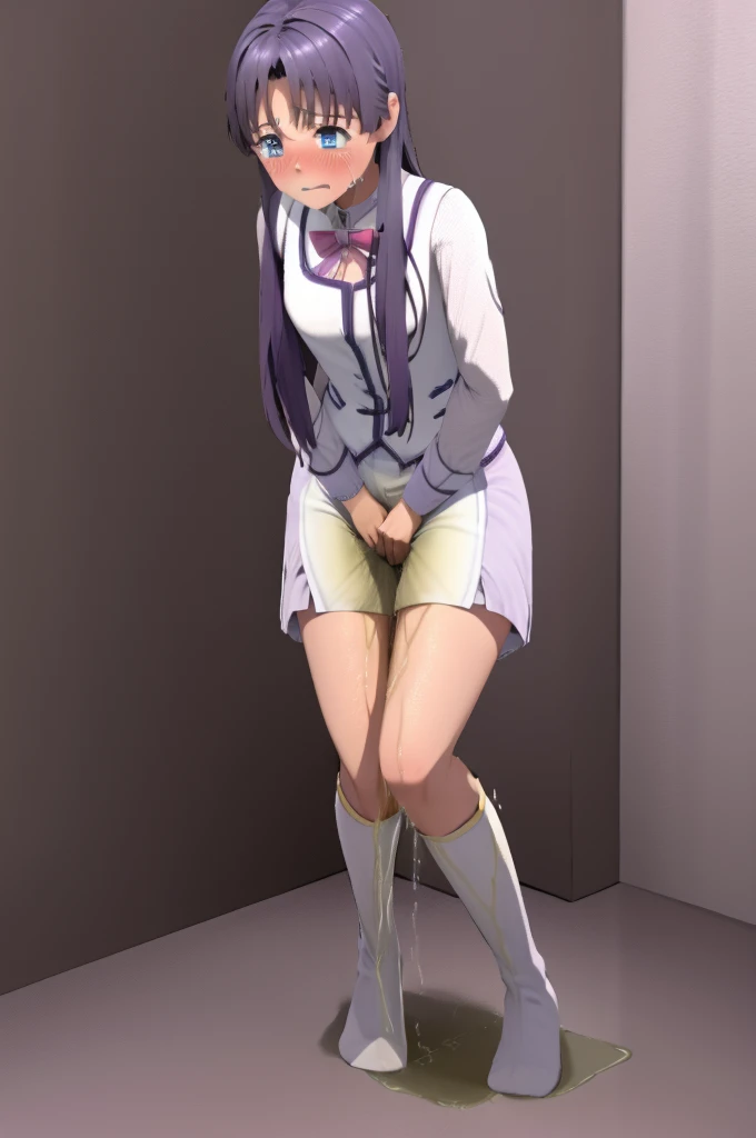 nsfw , Jinguuji Marimo , (((highres official art))) , (((muv-luv alternative))) , (((1girl))) , brown hair , brown eyes , long hair , hair intakes , blush , shy , squatting girl, spread legs, after sex, pussy, cum drip, cum in pussy, sweat, outdoor