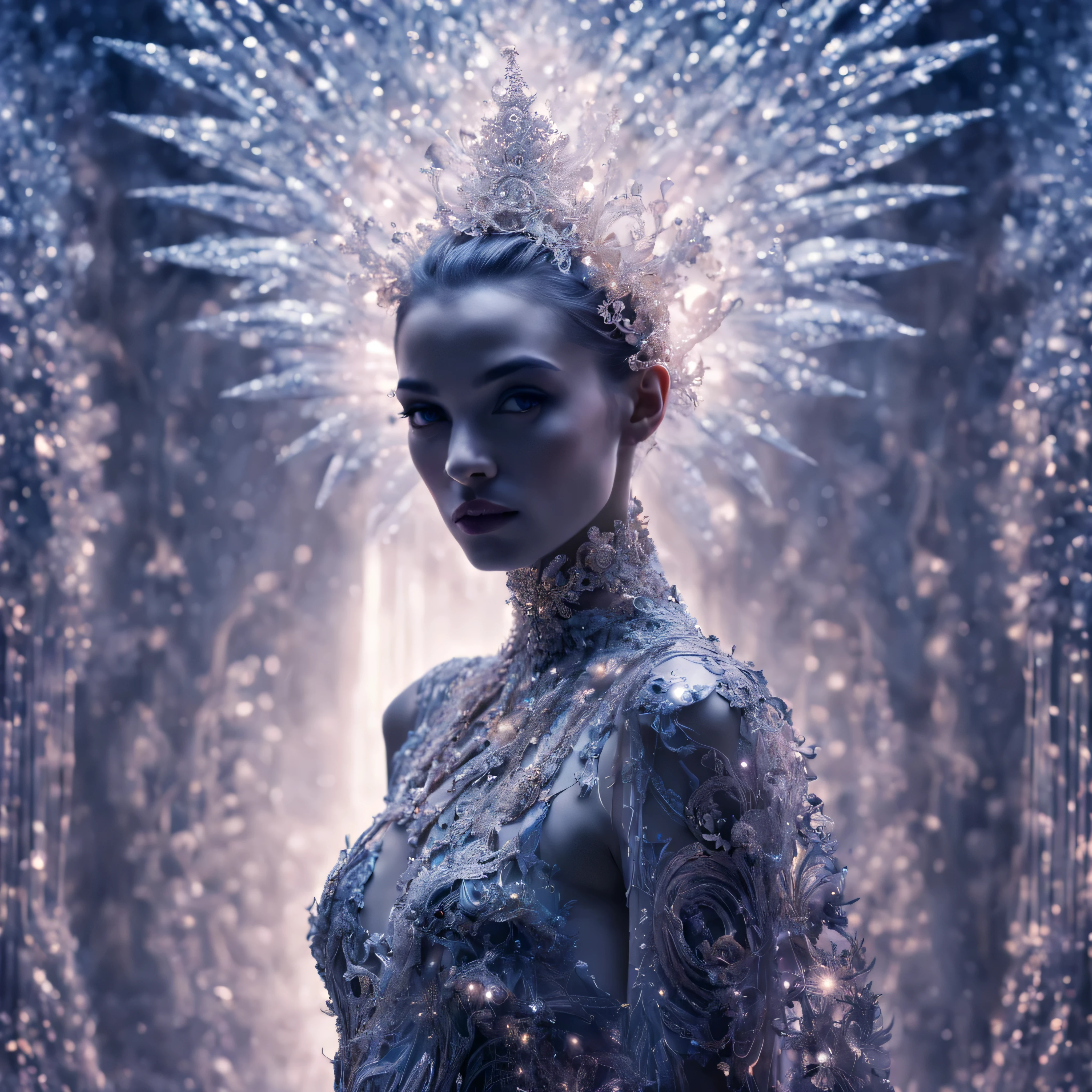 With a horrifying and eerie depiction, Astonishing quantum cryptography emerges, Conjure up nightmarish visions of unknown dimensions. This high fashion photo captures an otherworldly realm, where the subject is, mysterious person, Appears to be covered in a shining fractal celestial mesh. image, Exceptional clarity and precision, Express intricate details with surreal brightness. Each pixel is carefully made, so、, This configuration is called、Seamlessly blending mysterious codes and the complex beauty of haute couture.。, Confusing、create a seductive sensation.