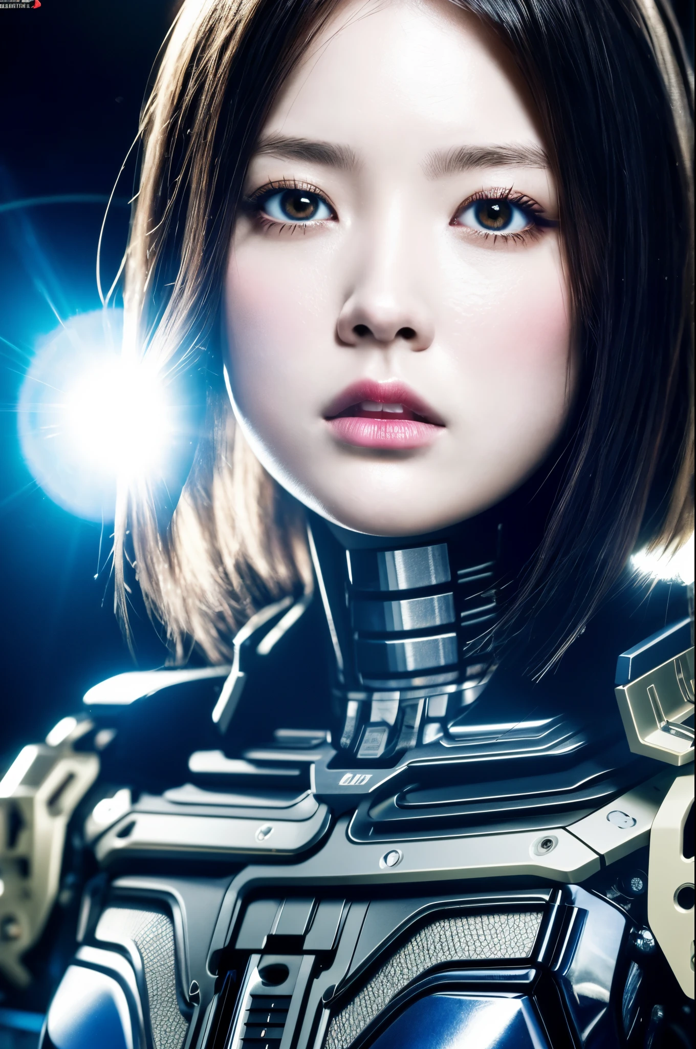 Complex 3D rendering of ultra-detailed porcelain girl, 1 girl, (natural skin texture, actual eye details:1.2), part, beautiful soft light, rim light, Vibrant details, Luxury Cyberpunk, hyperactual, anatomical, face muscles, Cable wire, microchip, elegant, beautiful background, octane rendering, apple style, 8k, best quality, masterpiece, illustration, extremely delicate and beautiful, CG, Unite, wallpaper, (actual, photo-actual:1.2), Astonishing, fine details, masterpiece, best quality, official art, extremely detailed CG Unite 8k wallpaper, Extremely ridiculous, sexy, Mechanical skeleton, Android, Surrealism, Doomsday wasteland, (high-tech prosthetics:1.2), Fluffy black short hair, Perfect body, Navy blue glowing cyber ship