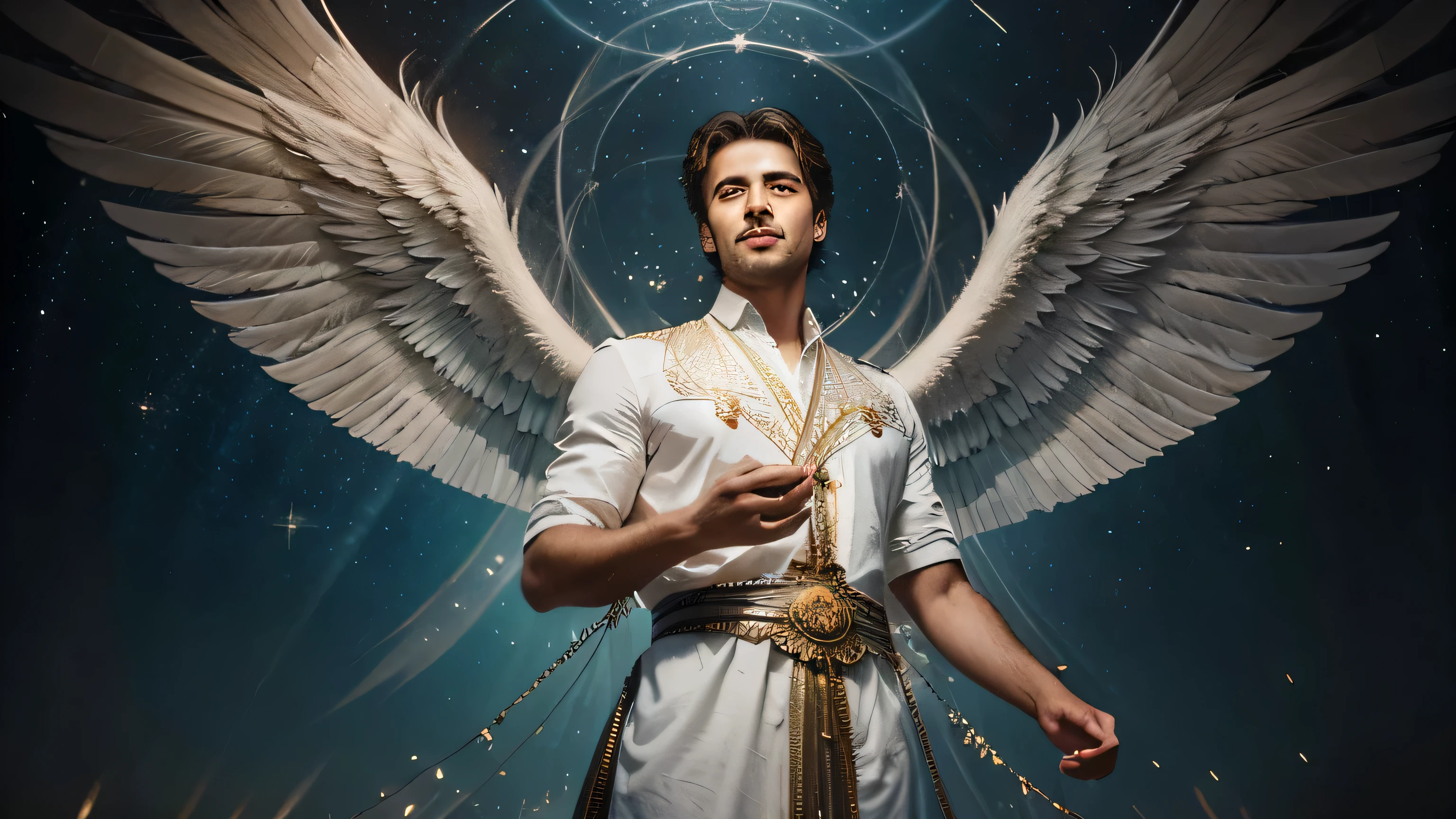 In a breathtaking image, a man with angelic wings takes center stage. The magnificent wings evoke a sense of divine power, their ethereal feathers glimmering with a heavenly radiance. The man himself embodies a captivating grace, with his gentle smile and piercing, mesmerizing eyes that seem to hold countless untold tales. This visually stunning masterpiece, whether a painting, photograph, or digital rendering, is crafted with impeccable detail and precision, exemplifying the mastery of the artist. Every brushstroke or pixel is meticulously executed, showcasing the artist's exceptional skill and attention to capturing the essence of celestial beauty.