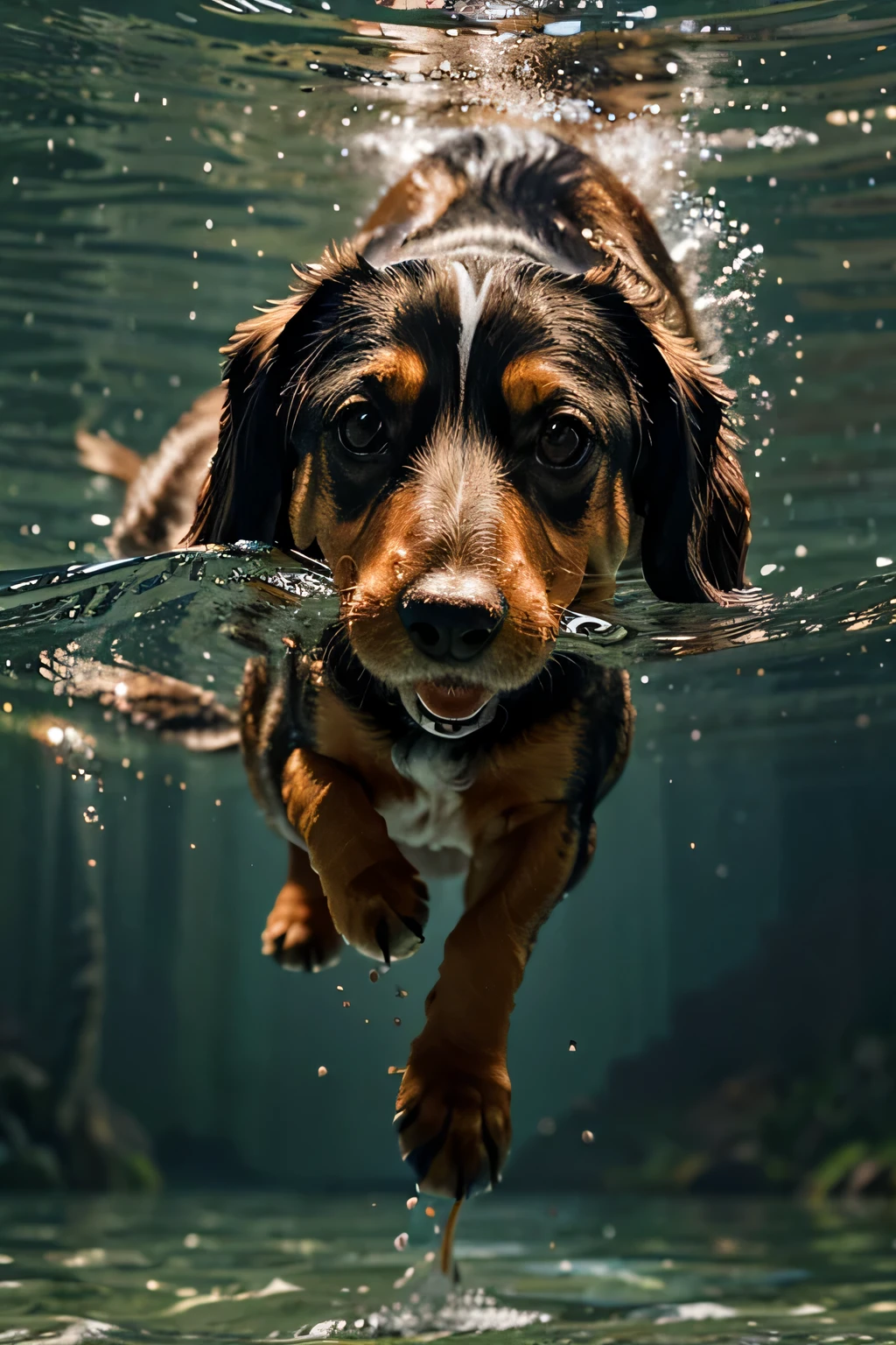 hyper-maximalism, ultra detailed photorealistic A longhair black and tan dachshund is diving below the watersurface down into the water. this diving is accompanied by a ripple and a big splash of water above the surface., slight skin imperfections and bubles of air comming out of the nose and mouth, final render