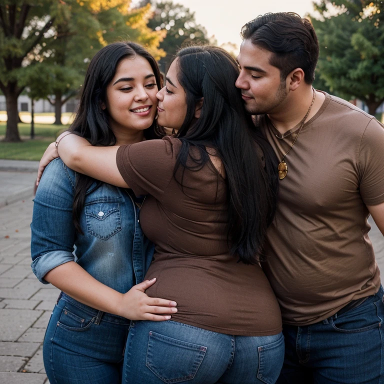 Chubby fat bbw nerdy latina young woman (20 years old), chubby belly, long straight black hair, wearing red shirt and blue jeans, Golden necklace,man hugging from behind, romantic kissing, passion Kiss, smiley expression,with several tall men, 4 men, in university campus, full body picture, view from behind