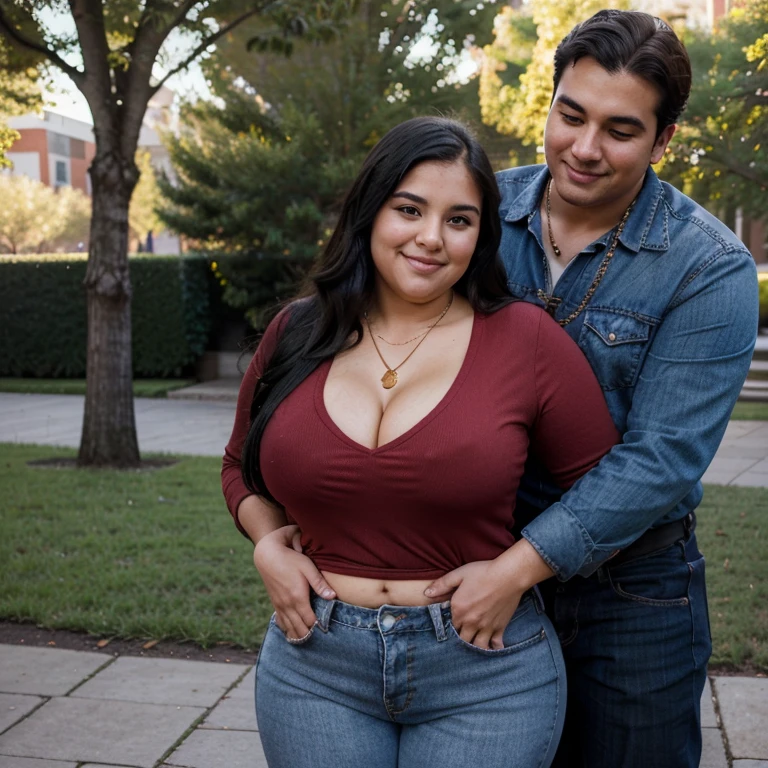 Chubby fat bbw nerdy latina young woman (20 years old), chubby belly, long straight black hair, wearing red shirt and blue jeans, Golden necklace,man hugging from behind, romantic kissing, passion Kiss, smiley expression,with several tall men, 4 men, in university campus, full body picture, view from behind