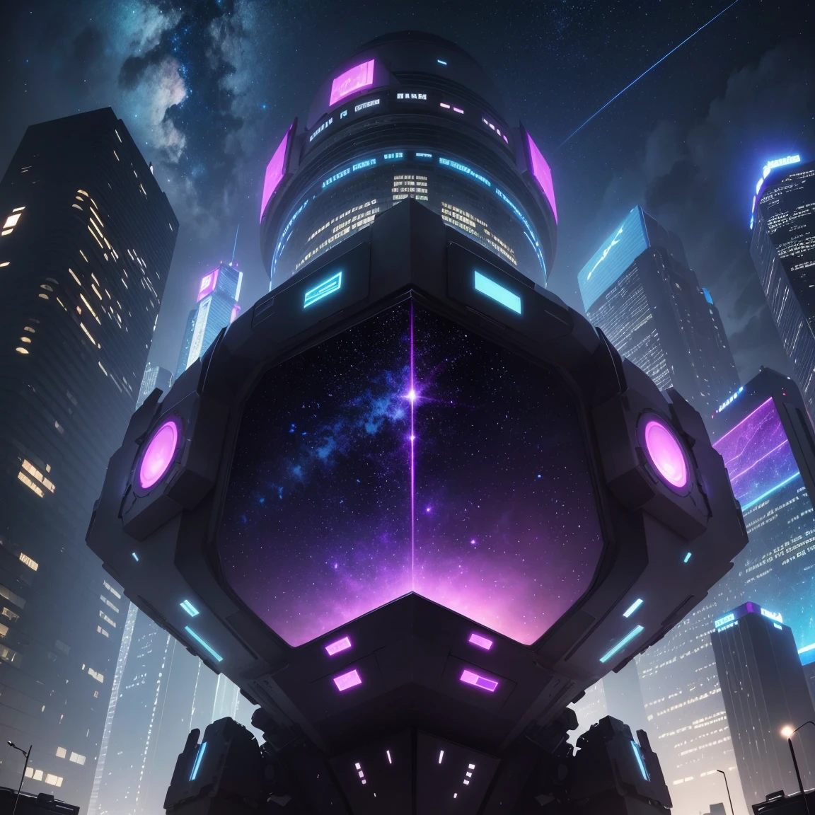 In a vast space, there is a starry sky with the constellations of the zodiac shining brightly. The sky is filled with shades of purple, resembling beautiful nebulae. The constellations are vibrant and distinct, forming a mesmerizing celestial display. As the backdrop, a futuristic cyberpunk city spreads out at the bottom, with its neon lights casting a magical glow. The cityscape is filled with towering skyscrapers, holographic advertisements, and bustling futuristic vehicles. The combination of the serene starry sky and the vibrant cyberpunk city creates a visually stunning contrast. The overall atmosphere is enchanting, blending the beauty of the cosmos with the allure of technology. The colors are intense and vivid, with a mix of deep purples, vibrant blues, and glowing neon lights. The lighting is dramatic, with the stars and city lights creating a captivating play of light and shadow. The level of detail is incredibly high, capturing even the minute intricacies of the constellations, cityscape, and nebulae. The art style is a combination of realistic and cyberpunk, combining the grandeur of the universe with the futuristic vibes of the city. The result is a masterpiece of art, with every pixel reflecting the artist's skill and imagination. (best quality,4k,8k,highres,masterpiece:1.2), ultra-detailed, (realistic,photorealistic,photo-realistic:1.37), HDR, UHD, studio lighting, ultra-fine painting, sharp focus, physically-based rendering, extreme detail description, professional, vivid colors, bokeh, portraits, landscape, sci-fi