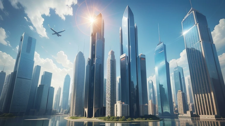 A futuristic city with towering skyscrapers, each with its own unique design. The skyscrapers are made of glass and steel, and they are covered in solar panels. The city is also home to a vast network of flying cars, which zip through the air like birds. The sky is a clear blue, and the sun is shining brightly.