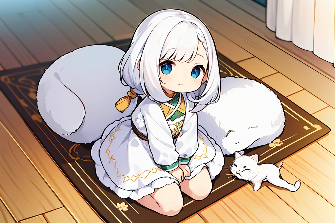 obra de arte, Excelente, 1 garota, cabelo branco, cabelo meio longo, orelhas de gato, looking at the audience, :3, Bonitinho, tissue, jaqueta, fundo branco, presa, alta qualidade, Ultra HD