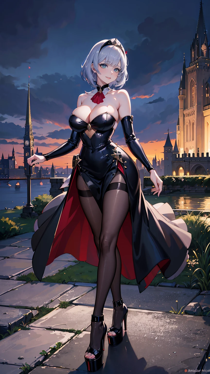 ((Best Quality)), ((masterpiece)), ((anime)), one woman standing in a y black paress on a castle, ((sexy pardresl, black pantyhose, pumpsform high heels, light green eyes, silver hair, short hair, big cleavage, (((full bodedieval setting, europe landscape, castle medieval), smile, exposed shoulders, curvy body,