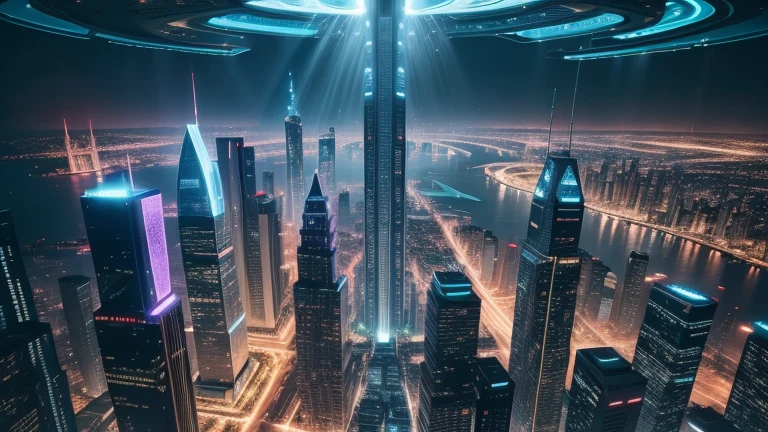 Aerial view of a futuristic city with towering skyscrapers that are interconnected by bridges and walkways. The skyscrapers are made of a variety of materials, including glass, metal, and concrete. They are covered in lights, which create a dazzling display at night. The city is surrounded by lush greenery, including forests, parks, and gardens.