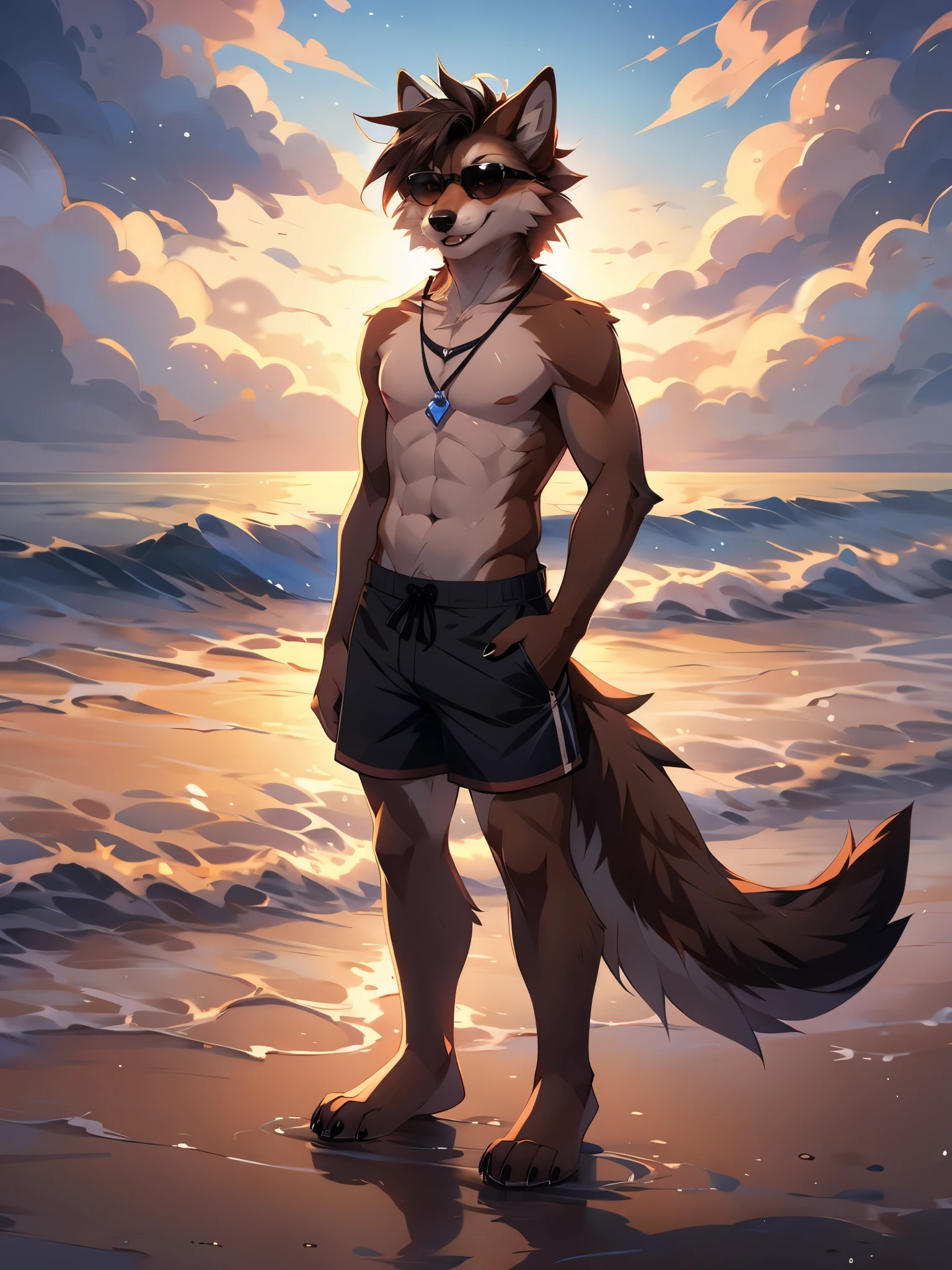close up, furry, anthro, giant maned wolf, maned wolf ears, maned wolf tail, orange, white and brown fur, messy fur, neck floof, brown fluffy hair, brown eyes, razor sharp teeth, slim body, handsome, slender, long arms and legs, tall, wearing black floral swimming shorts with a giant bulge, black anklets, pawpads, black pawpads, best quality, 4K, UHD, masterpiece, walking along beach, sunny day, alone,