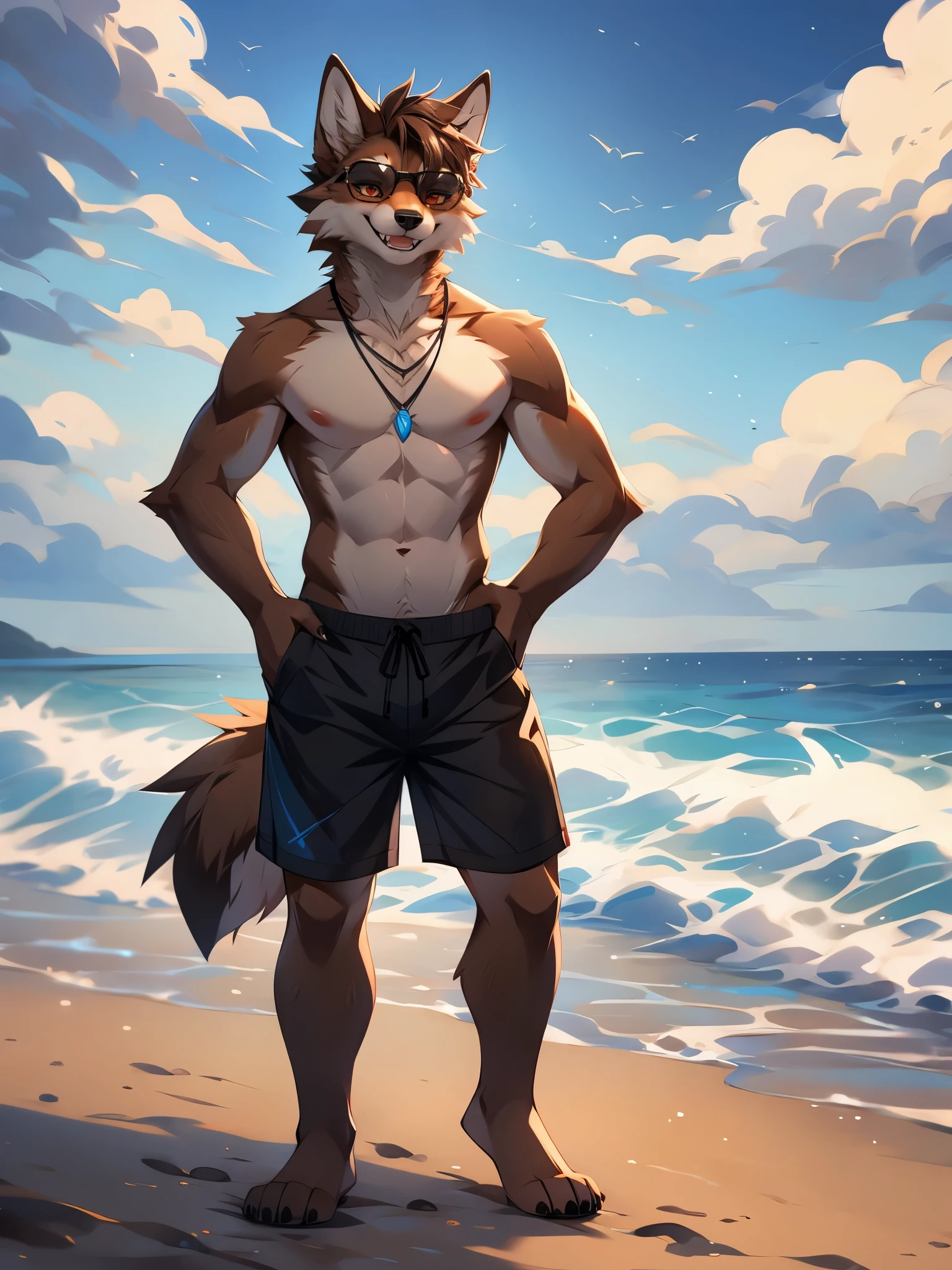 Solo, By fumiko, by hyattlen, by hioshiru, Jaiden, brown male wolf, brown wolf ears, brown wolf tail, hands on his hips, necklace, cool sunglasses, swimming shorts, barefoot, feet paws, 4 toes, black claws, grinning, smiling, teeth showing, standing on a beach, cloudy and foggy today, frigid cold weather,