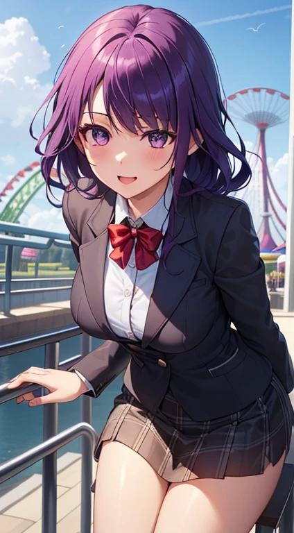 ((masterpiece, highest quality, High resolution, UHD, perfect pixel, Depth of bounds written, 4K, rtx, HDR))), 1 girl, single, alone, beautiful anime girl, beautiful art style, anime character, ((long hair, bangs, purplehair)), (purple eyes:1.4, round eyes, beautiful eyelashes, realistic eyes), (detailed face, blush:1.2), (smooth texture:0.75, realistic texture:0.65, realistic:1.1, Anime CG style), medium breasts, dynamic angle, perfect body, (red bow tie, , black jacket, open jacket, white shirt), ((black skirt:1.5, navy blue plaid skirt)), smile, open your mouth, (leaning forward, put your hands behind your back), amusement park