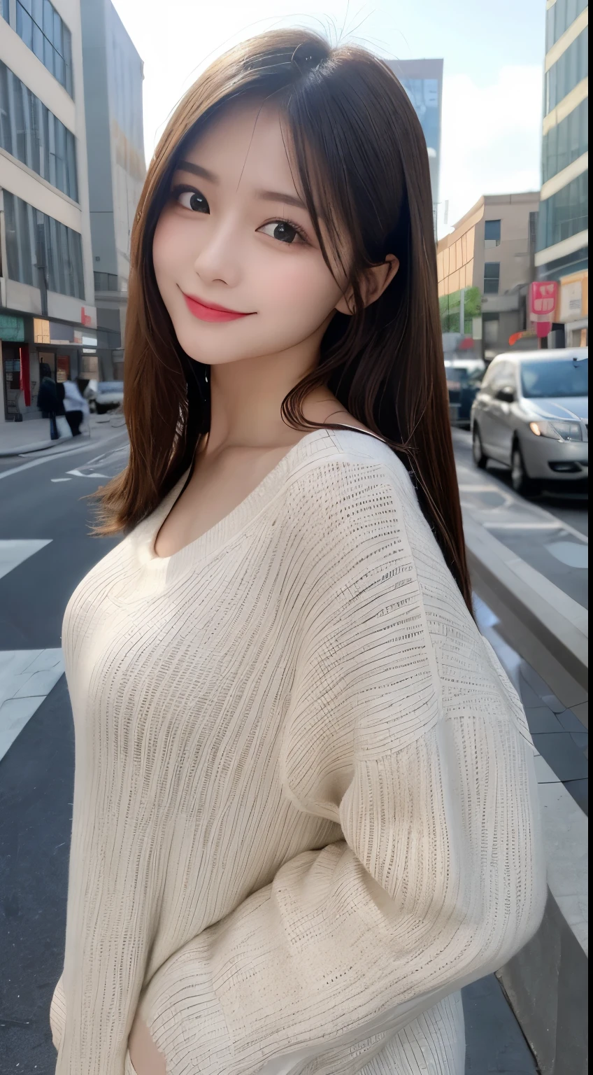 table top, highest quality, shape, Super detailed, finely, High resolution, 8k wallpaper, 完璧なダイナミックな構shape, beautiful and detailed eyes,medium hair,small breasts natural color lip, bold sexy pose,smile,big city、20 year old girl、cute、sexy shot looking at camera,casual office fashion(Winter clothes),blur the background