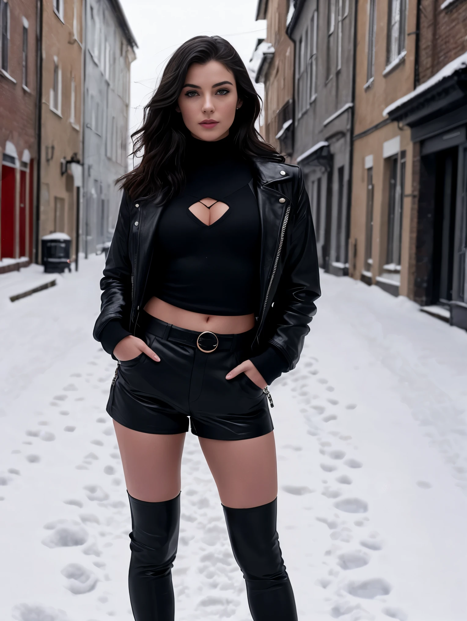 Full body shot of an ultra hot gorgeous European woman, age 23, she’s a playmate, men magazine model, flirting with camera, standing on the street on a snowy village.she’s playing the character of black cat in a marvel movie. Masterpiece, UHD. Global illumination.