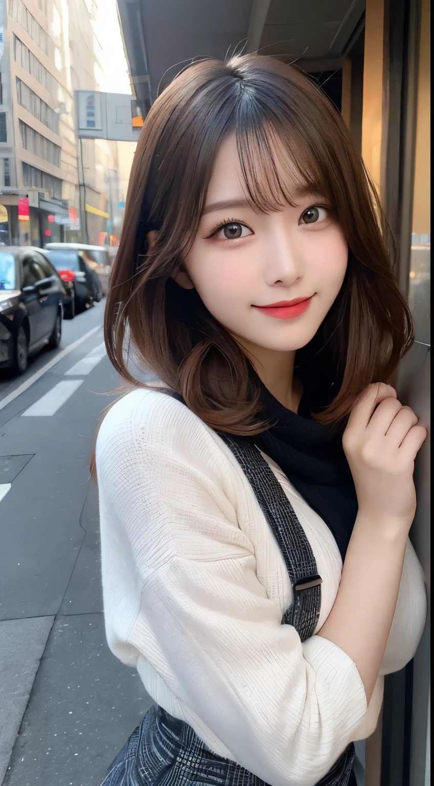 table top, highest quality, shape, Super detailed, finely, High resolution, 8k wallpaper, 完璧なダイナミックな構shape, beautiful and detailed eyes,medium hair,small breasts natural color lip, bold sexy pose,smile,big city、20 year old girl、cute、sexy shot looking at camera,casual office fashion(Winter clothes),blur the background