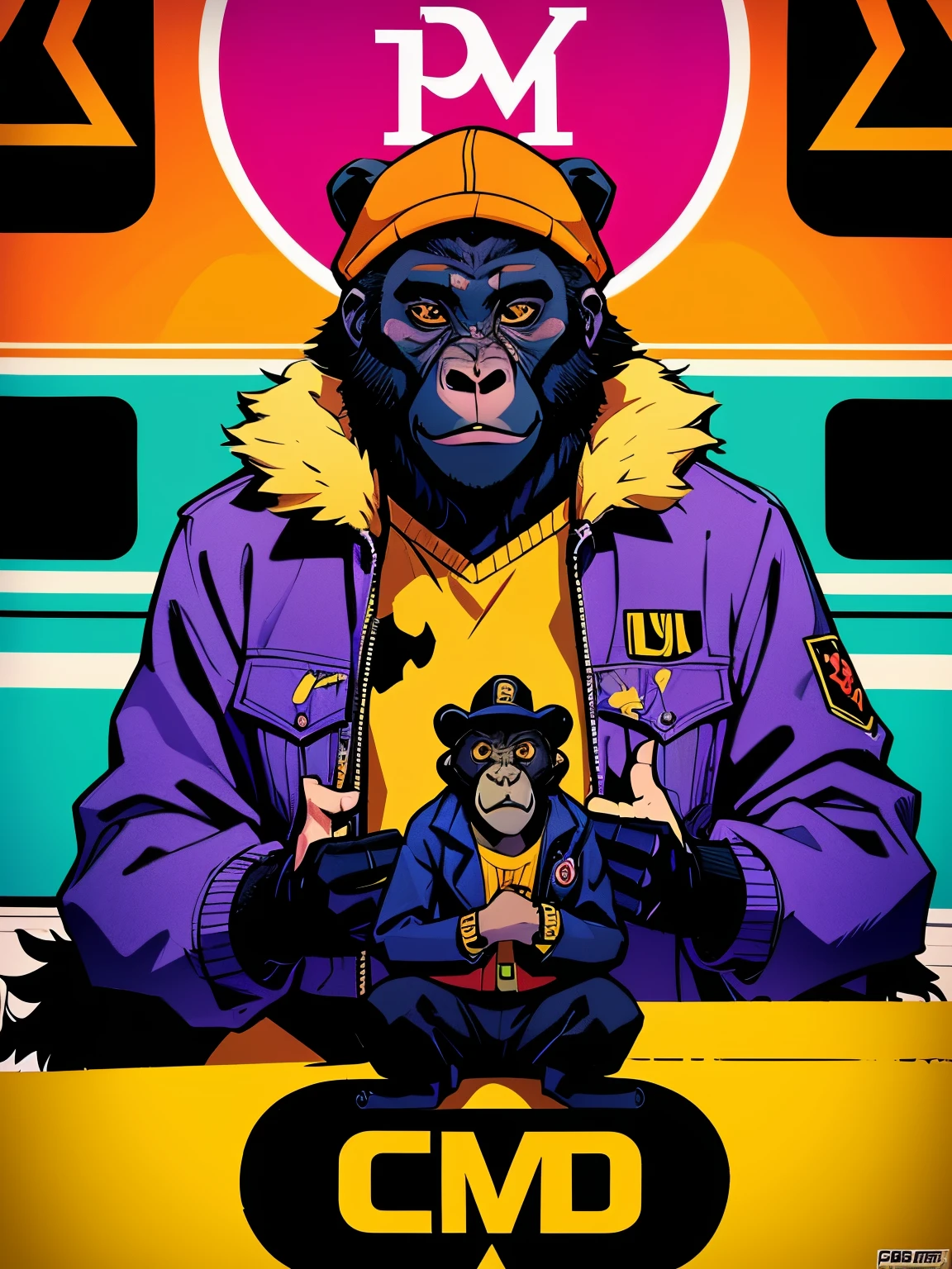 (a gorilla wearing a hat and a jacket in a photoshoot) (best quality, highres, realistic), fashion style, detailed fur, expressive eyes, professional lighting, vibrant colors