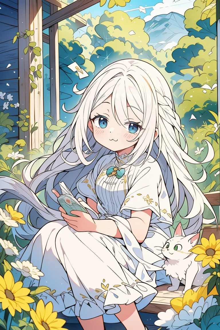 obra de arte, Excelente, 1 garota, cabelo branco, cabelo meio longo, orelhas de gato, looking at the audience, :3, Bonitinho, tissue, jaqueta, fundo branco, presa, alta qualidade, Ultra HD