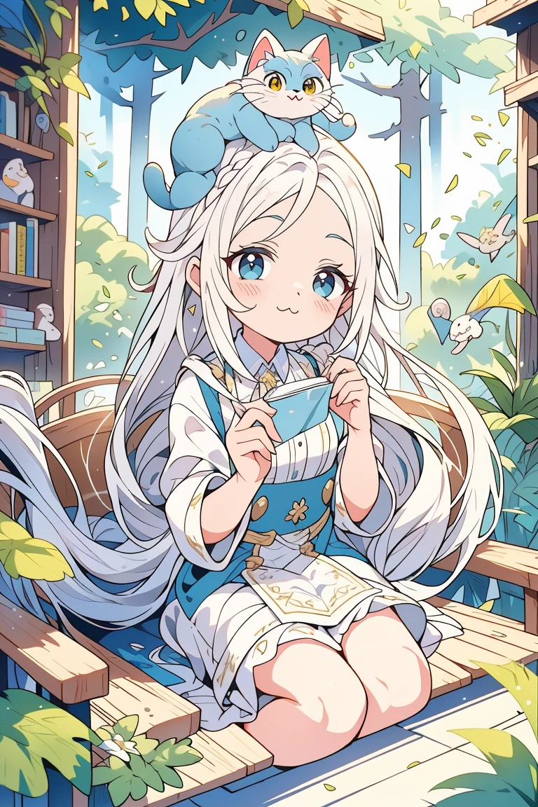 obra de arte, Excelente, 1 garota, cabelo branco, cabelo meio longo, orelhas de gato, looking at the audience, :3, Bonitinho, tissue, jaqueta, fundo branco, presa, alta qualidade, Ultra HD