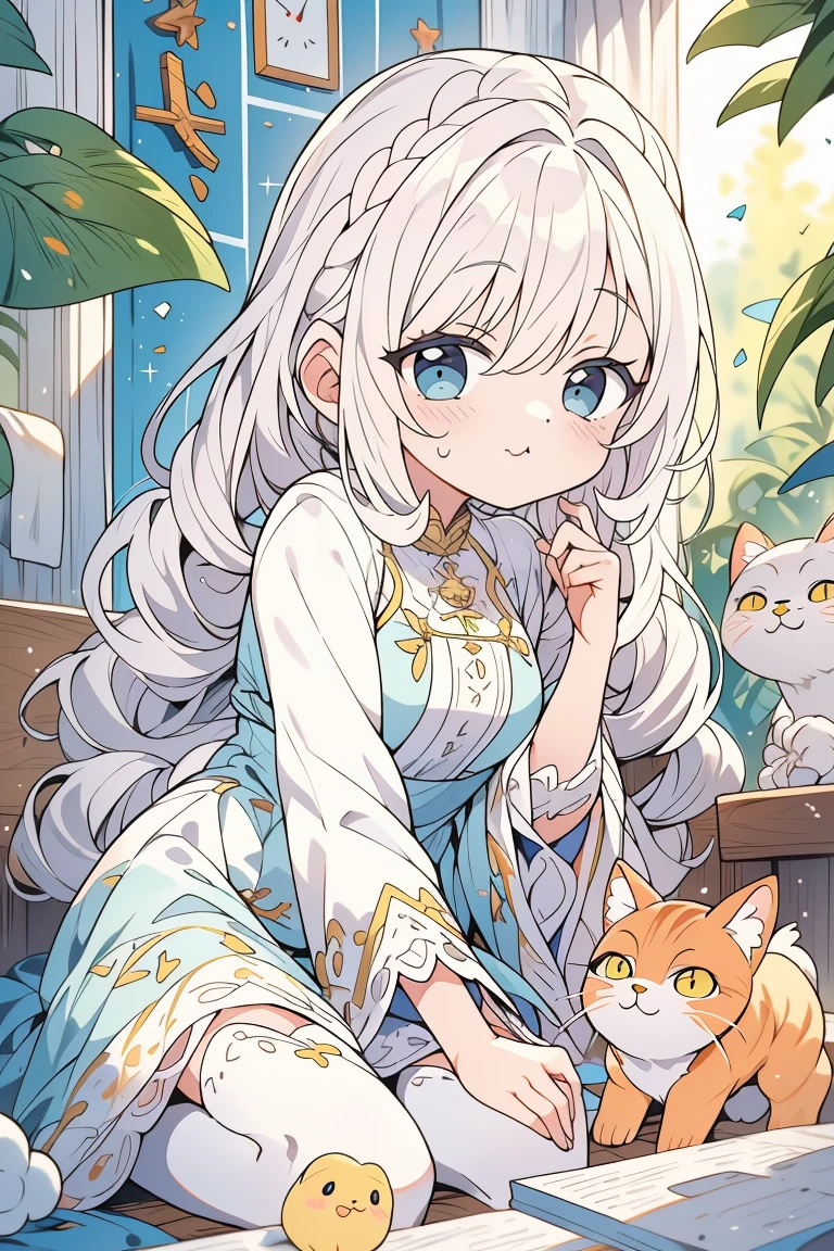 obra de arte, Excelente, 1 garota, cabelo branco, cabelo meio longo, orelhas de gato, looking at the audience, :3, Bonitinho, tissue, jaqueta, fundo branco, presa, alta qualidade, Ultra HD