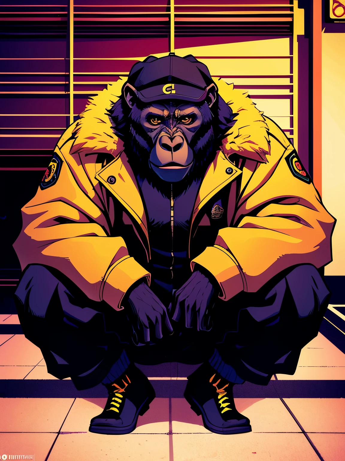 (a gorilla wearing a hat and a jacket in a photoshoot) (best quality, highres, realistic), fashion style, detailed fur, expressive eyes, professional lighting, vibrant colors