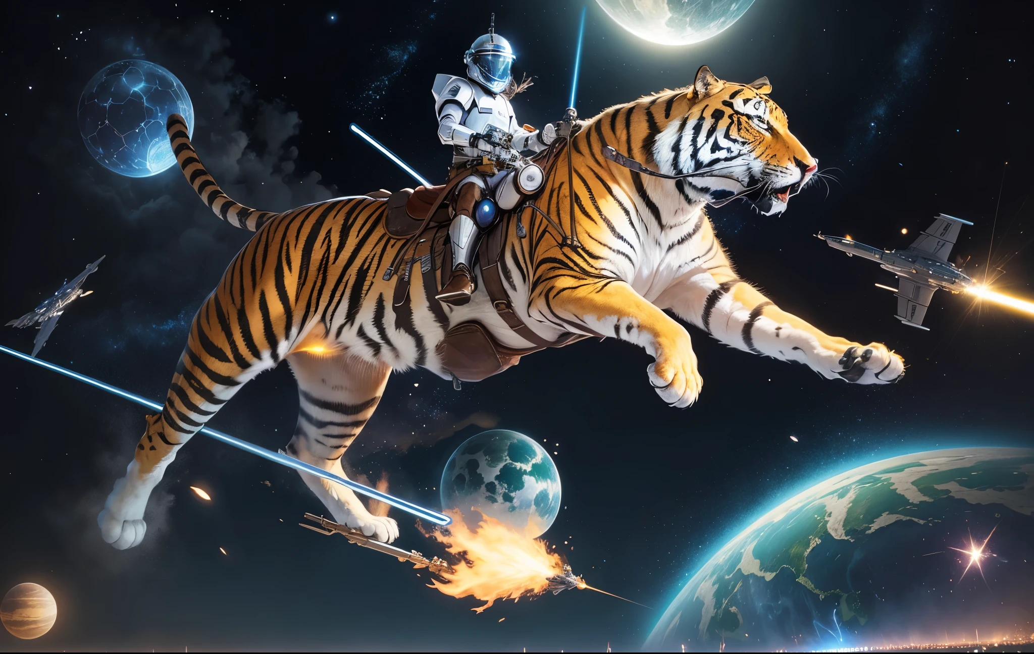 a male tiger wearing the battle suit with the weapons, cowboy shot, Galaxy, spaceship background, (realisitic, realisitic Background, high Resolution, Distinct images:1.2), (Very complex, detailed light, detailed shadow:1.1), (F4, 1/800s, ISO 100, raw)