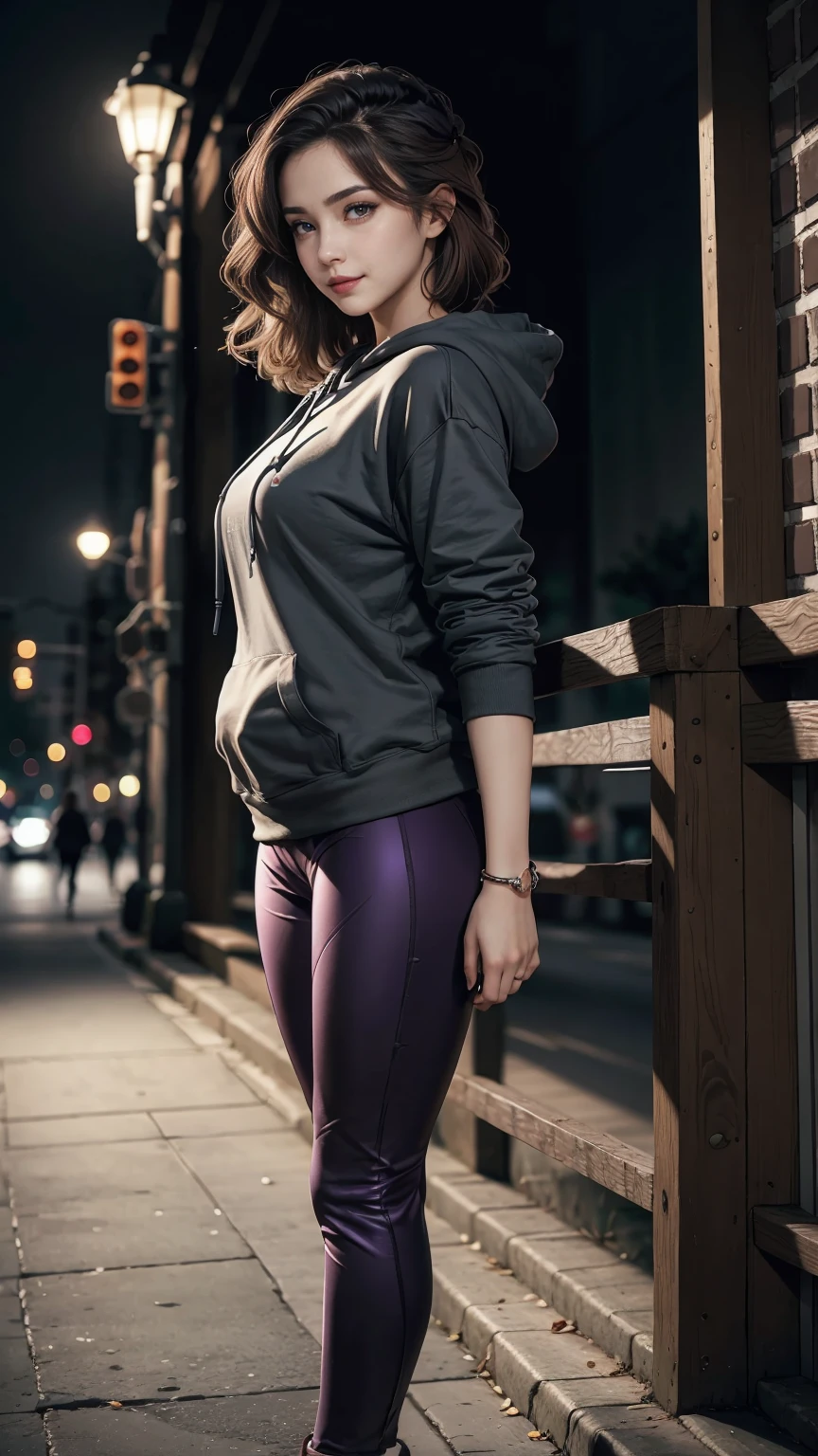 25 year old woman、Hair color is a gradation of brunette and purple、Eye color is blue、long hair、hair is wavy、setting the hairstyle、wearing eye shadow and lipstick、accessories on wrist、Slender but well-proportioned muscular body、Wearing a hoodie and covering the hood、I have my hand in my hoodie pocket.、Low-rise8I'm wearing cropped leggings、smile、Sitting on the ground in the downtown area at night