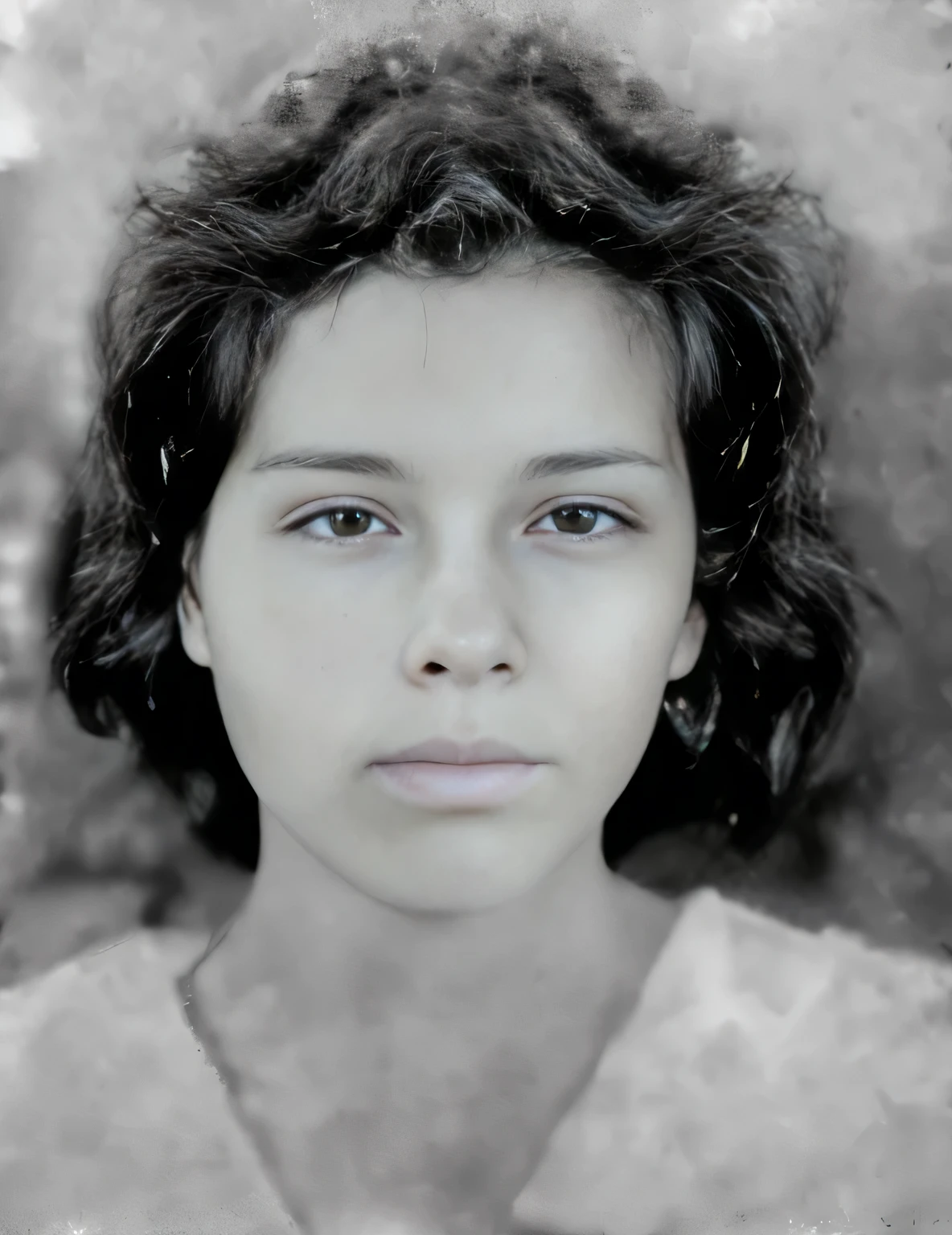 Una foto en blanco y negro de una mujer con un collar, collodion photography, Retrato en blanco y negro, collodion photographyy, Retrato en blanco y negro, movie portrait, close-up portrait film still, Wet collodion, Rostro de mujer joven, Retrato centrado, Completo - Retrato de primer plano - Cara arriba, front portrait of a girl, face Retrato centrado