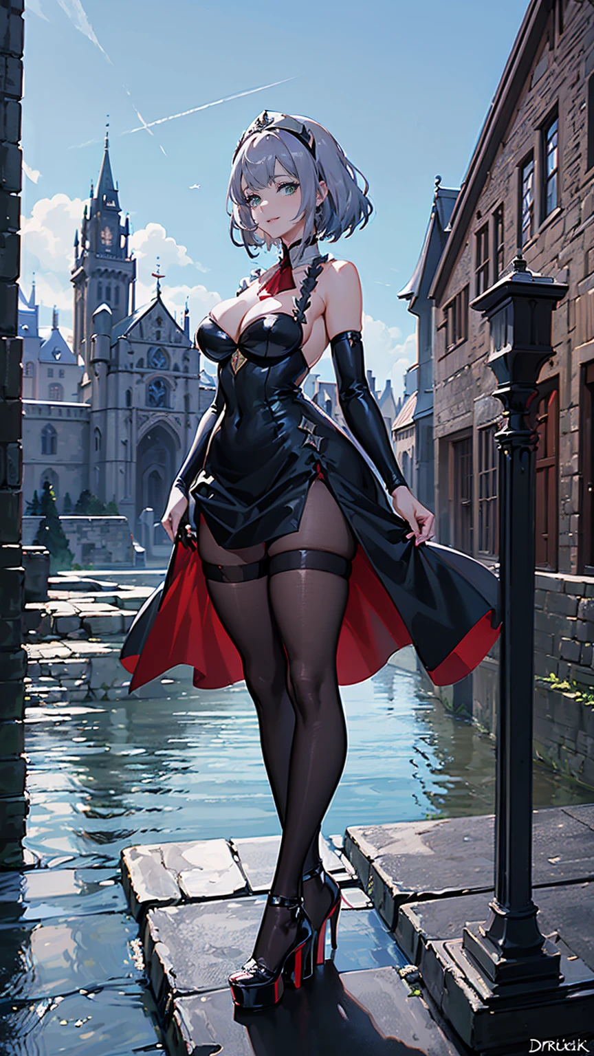 ((Best Quality)), ((masterpiece)), ((anime)), one woman standing in a sexy black party dress on a castle, ((sexy party dreslack)), black pantyhose, pumps platform high heels, light green eyes, silver hair, short hair, big cleavage, (((full body))), (medieval setting, europe landscape, castle medieval), smile, exposed shoulders, curvy body,