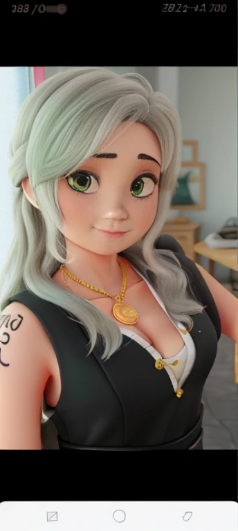 Uma mulher loira, com vestido preto longo com decote na frente , with a women's gold chain with coin pendant, com baton vermelho, idade de 40 anos ,uma tatuagem pequena no ombro esquerdo , , olhos verdes claros, with a small mark on the forehead from birth