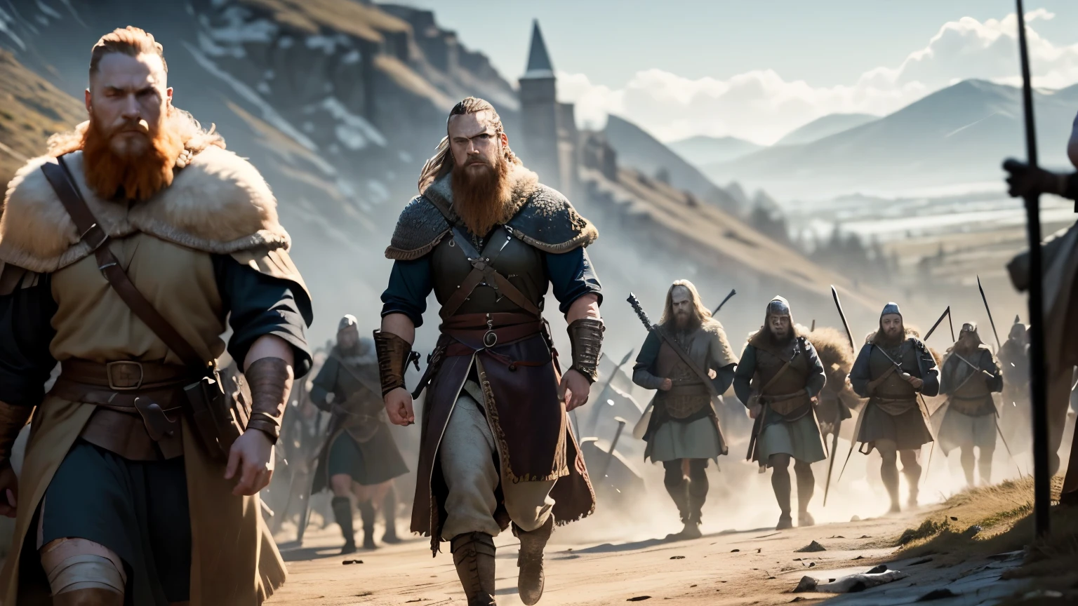 Viking soldiers led by Ragnar Lothbrok plundering villages in ancient England and terrorizing residents
